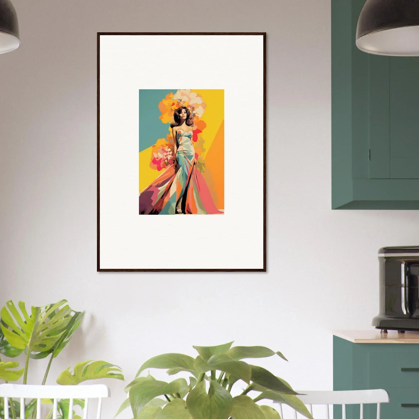 Framed wall art called Chromatic Sunset Muse with a vibrant figure and sunset hues