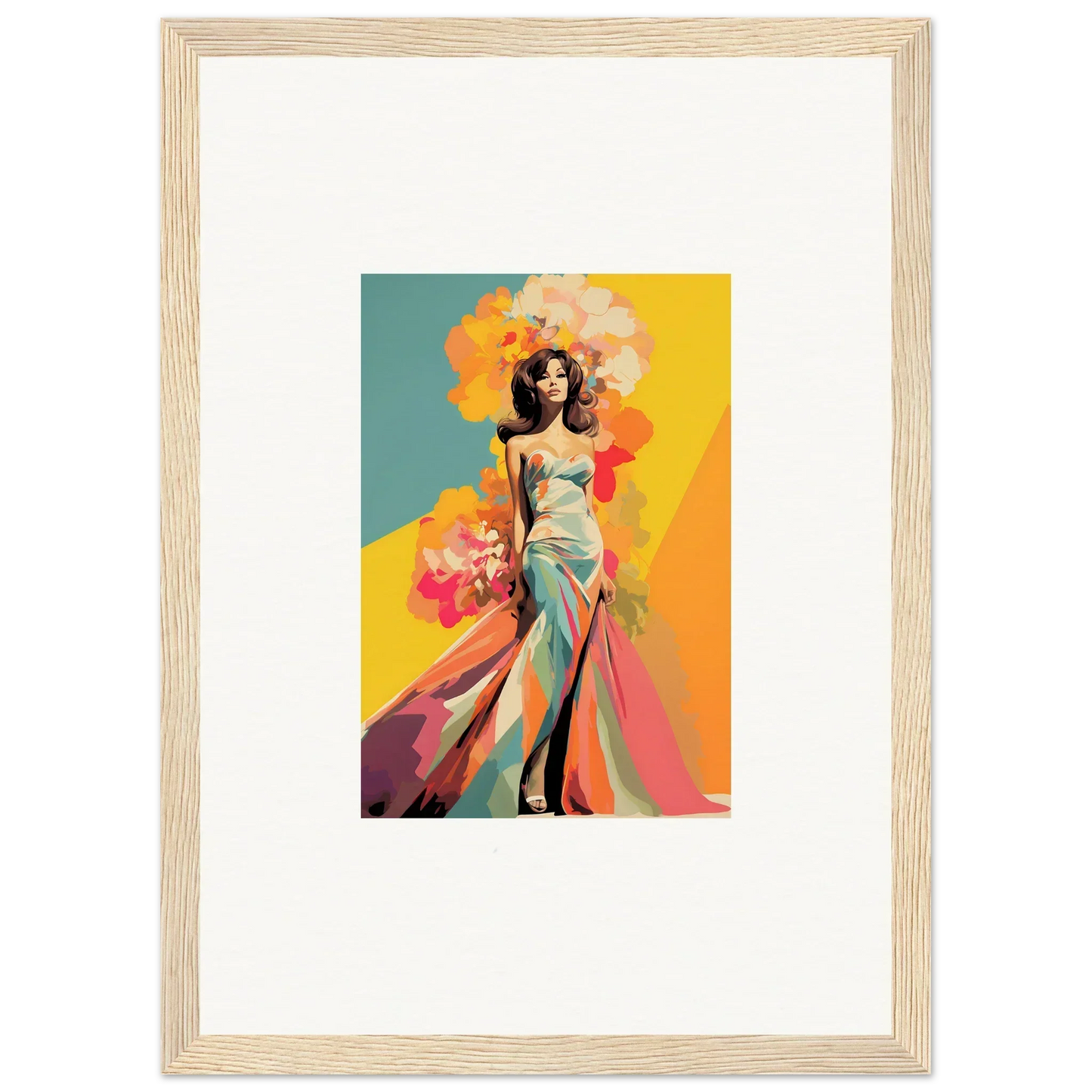 Framed wall art of a flowing turquoise gown against vibrant colors, Chromatic Sunset Muse