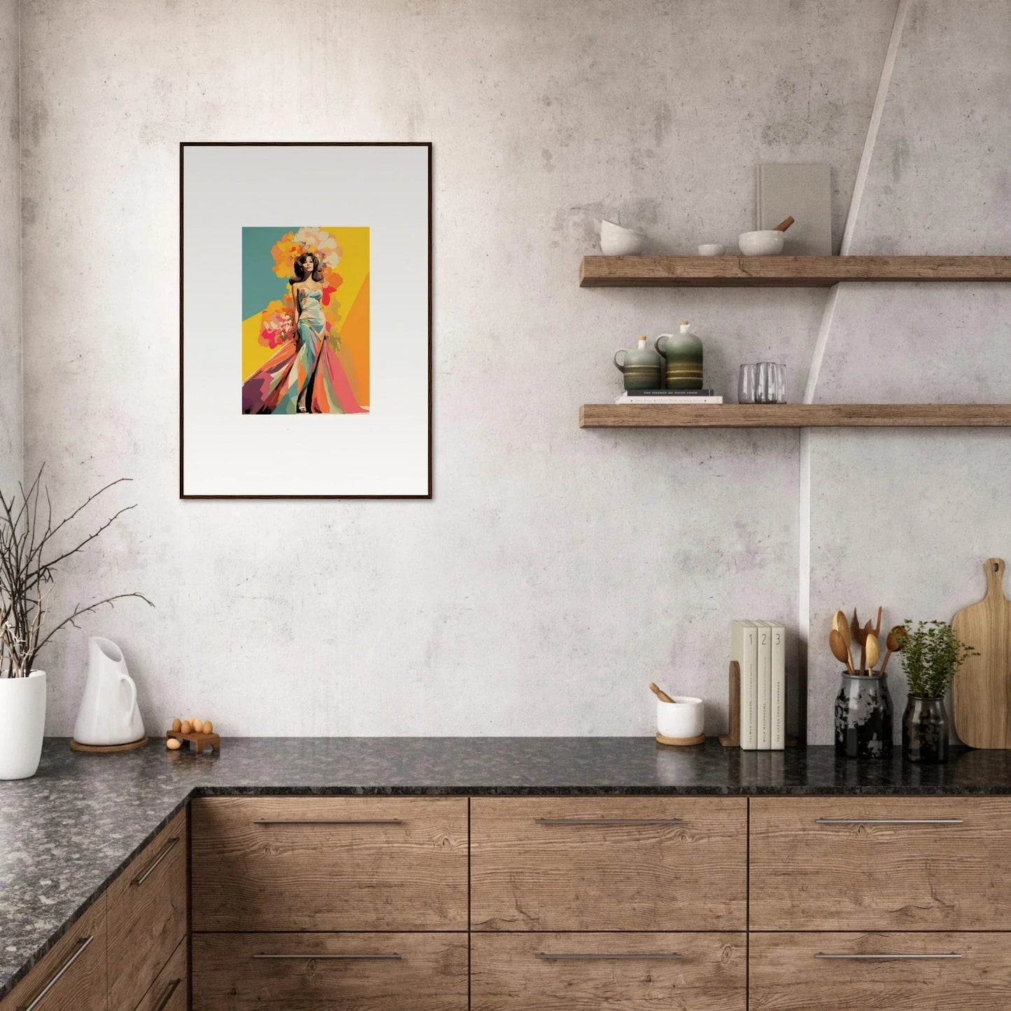 Modern kitchen with wooden cabinets and floating shelves featuring Chromatic Sunset Muse art