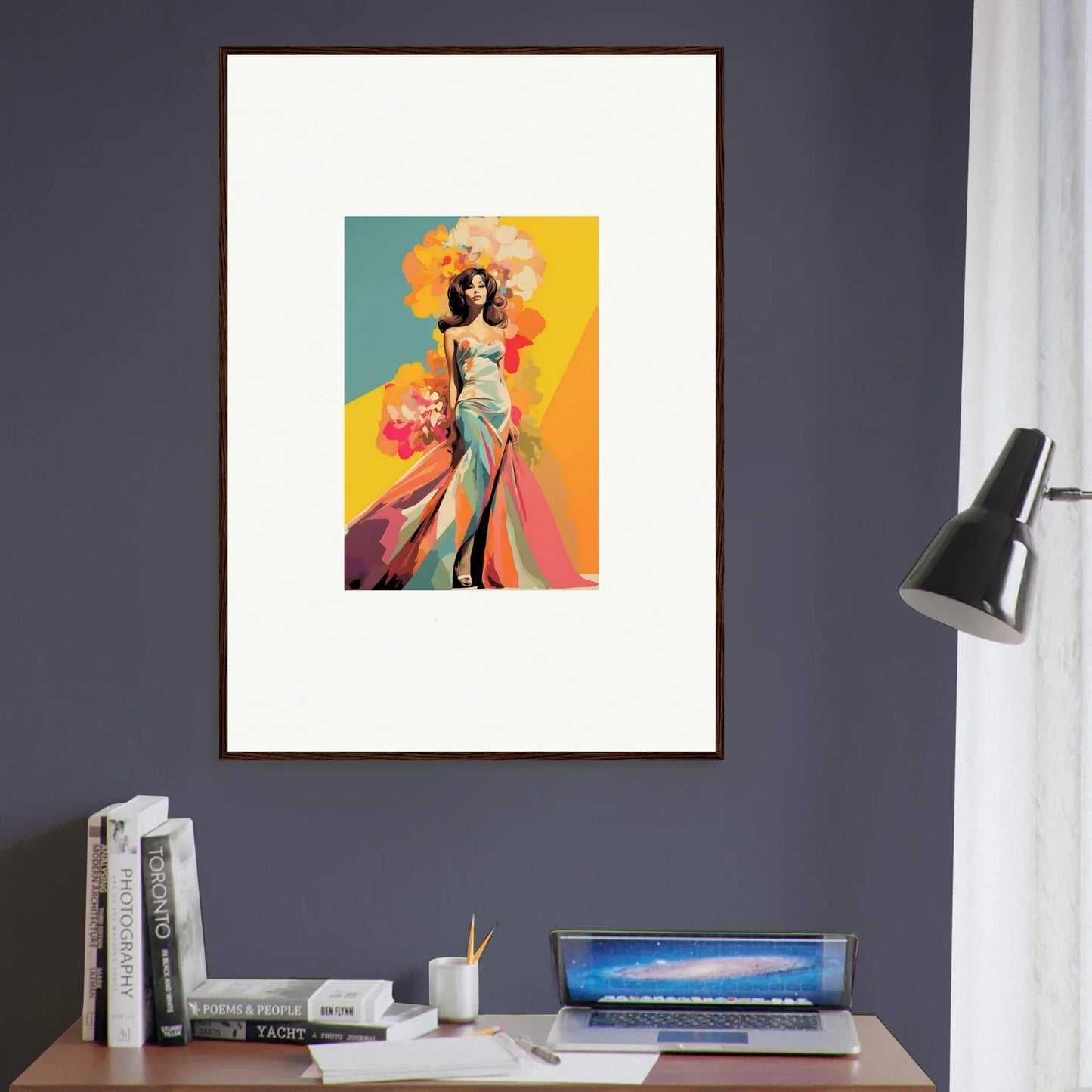 Framed wall art of Chromatic Sunset Muse with a stylized figure in pastel flows