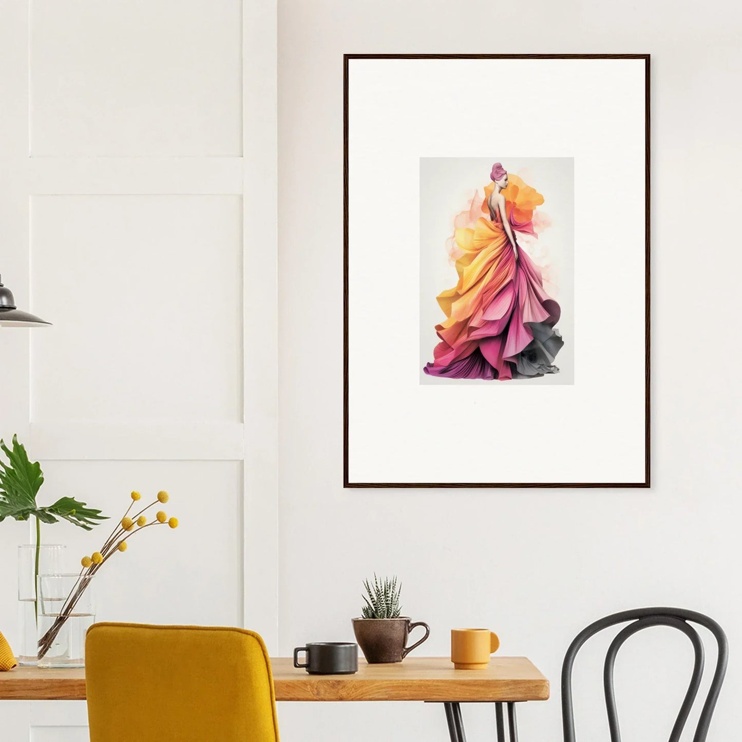 Framed wall art of a flowing dress in yellow-pink-charcoal from Chromatic Tale’s Reverie