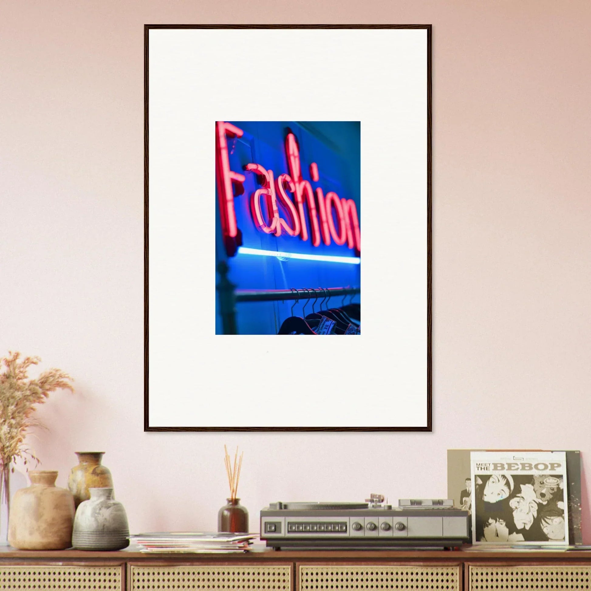 Framed wall art of a neon Fashion sign on blue, perfect for Room Decor and Velvet Signature