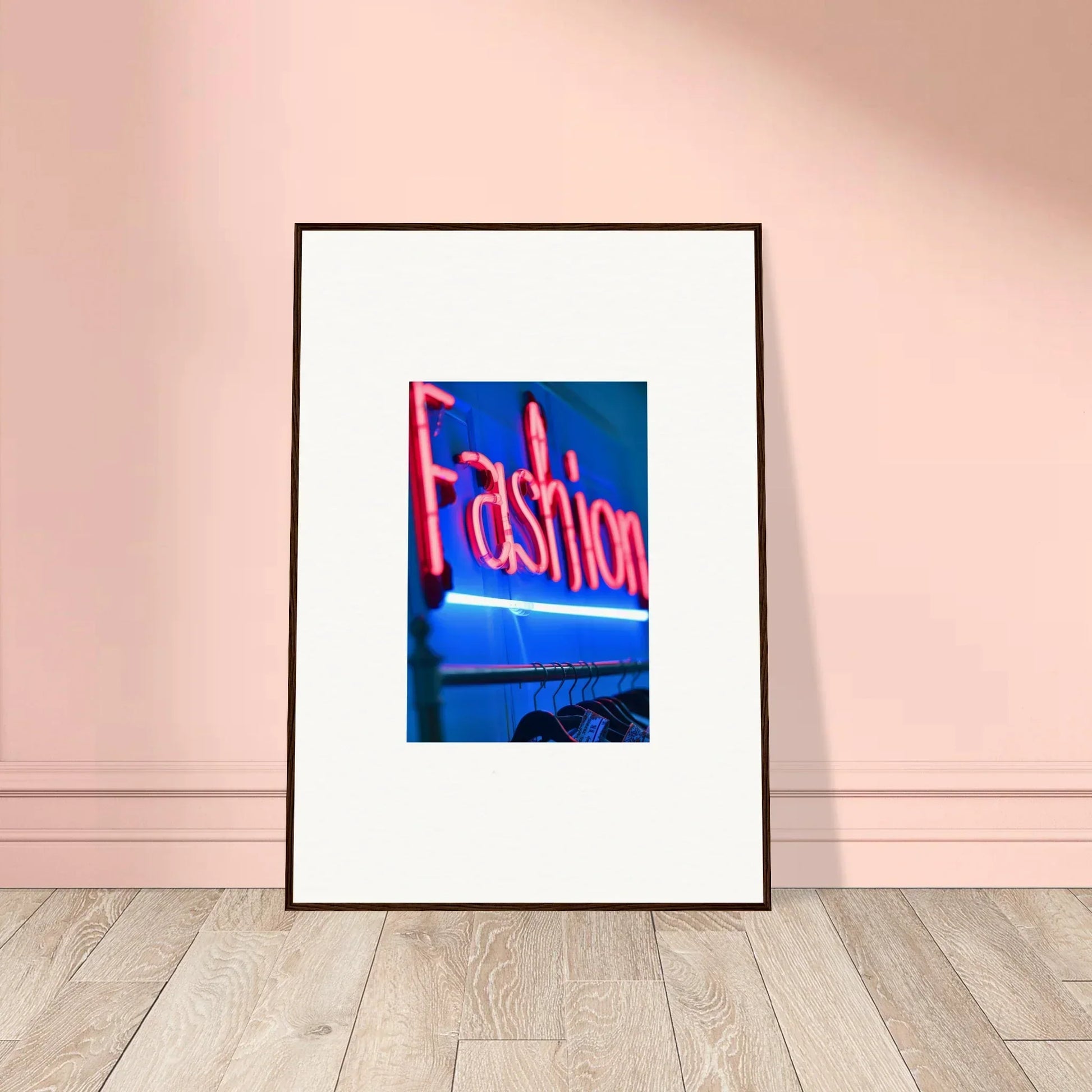 Framed wall art of a neon Fashion sign on blue background for stylish room decor