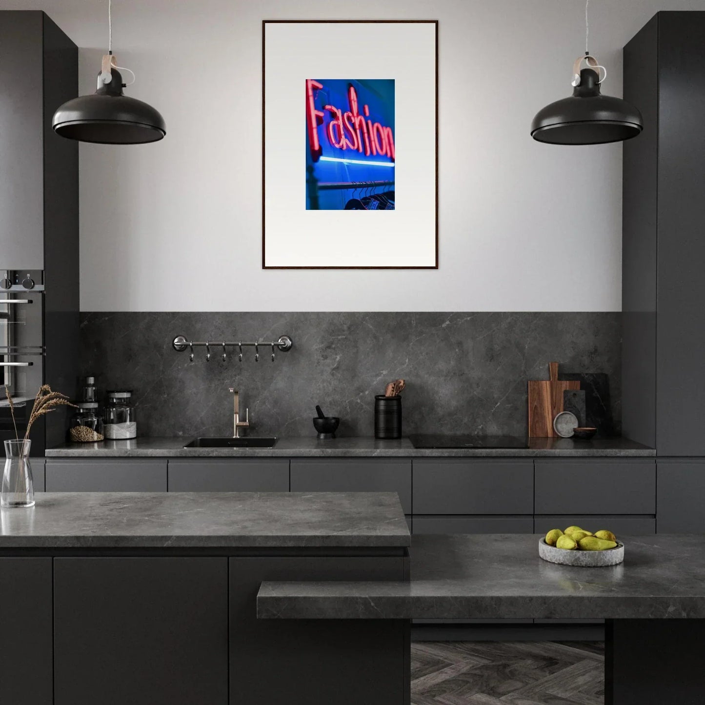 Modern kitchen with dark cabinetry and stylish Fashion poster for velvet signature room decor