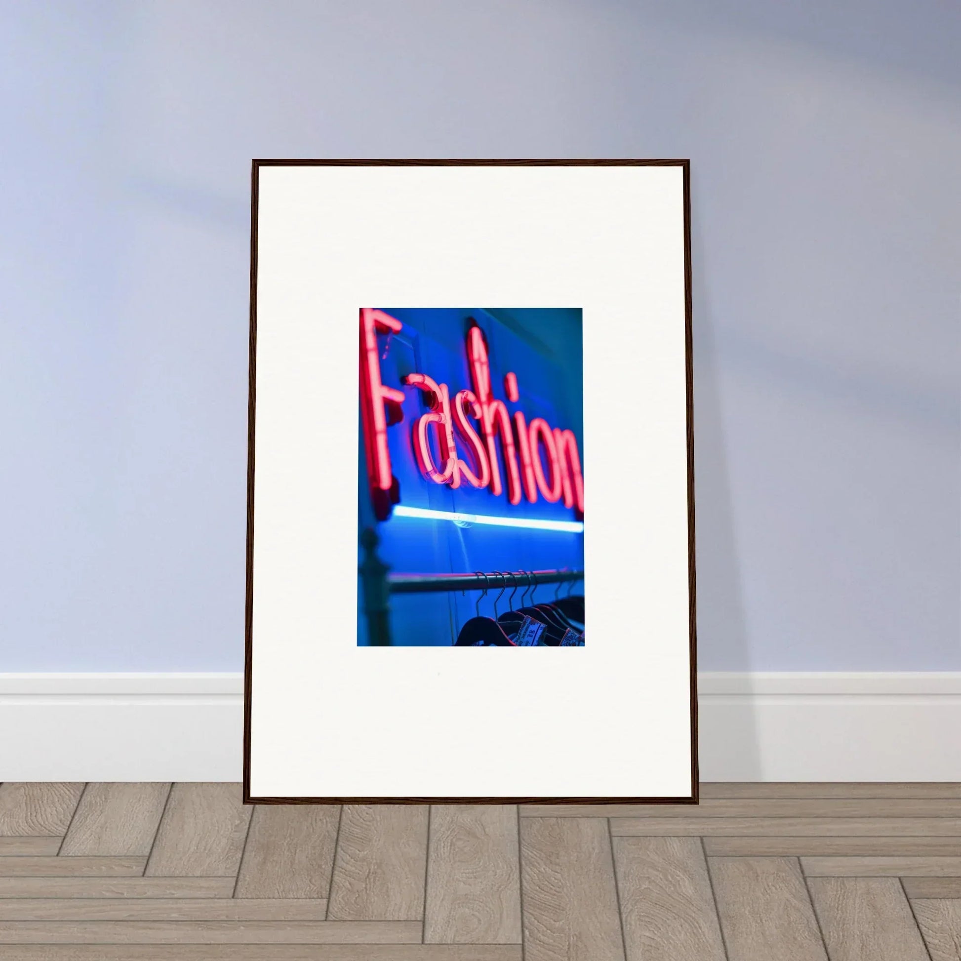 Framed wall art of neon Fashion sign on blue, perfect for Velvet Signature room decor
