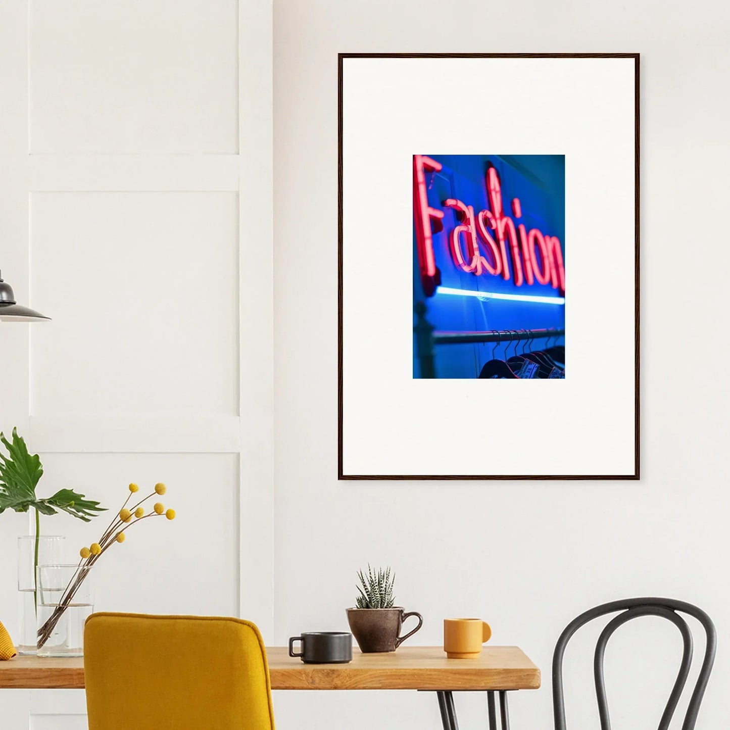 Framed wall art featuring a pink neon Fashion sign on blue background for stylish room decor