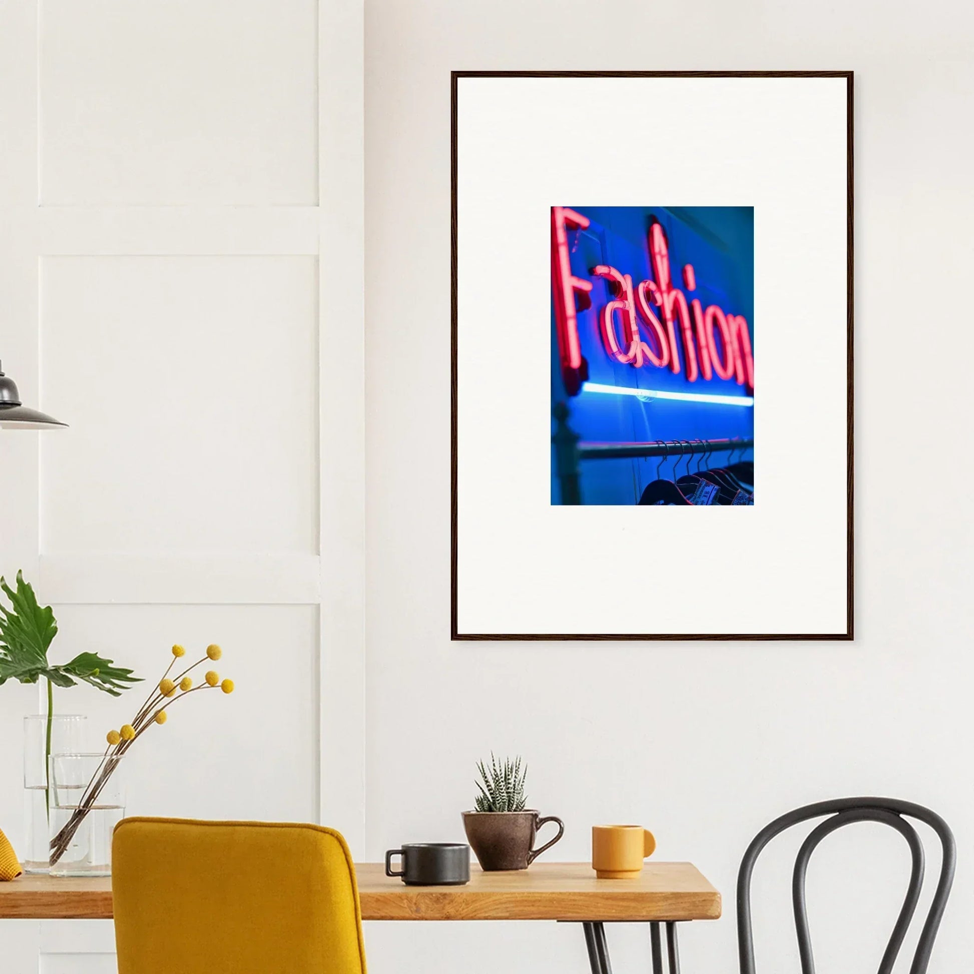 Framed wall art featuring a pink neon Fashion sign on blue background for stylish room decor