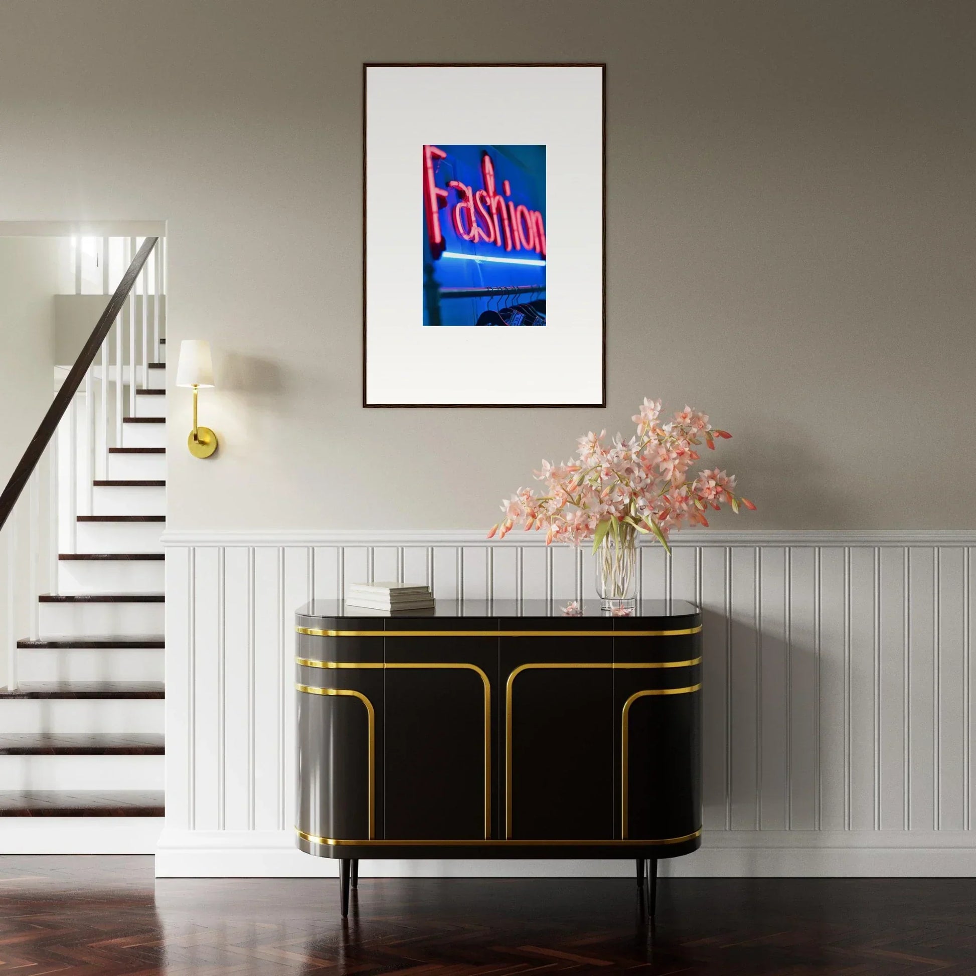 Stylish black and gold console table with framed wall art for chic room decor velvet signature