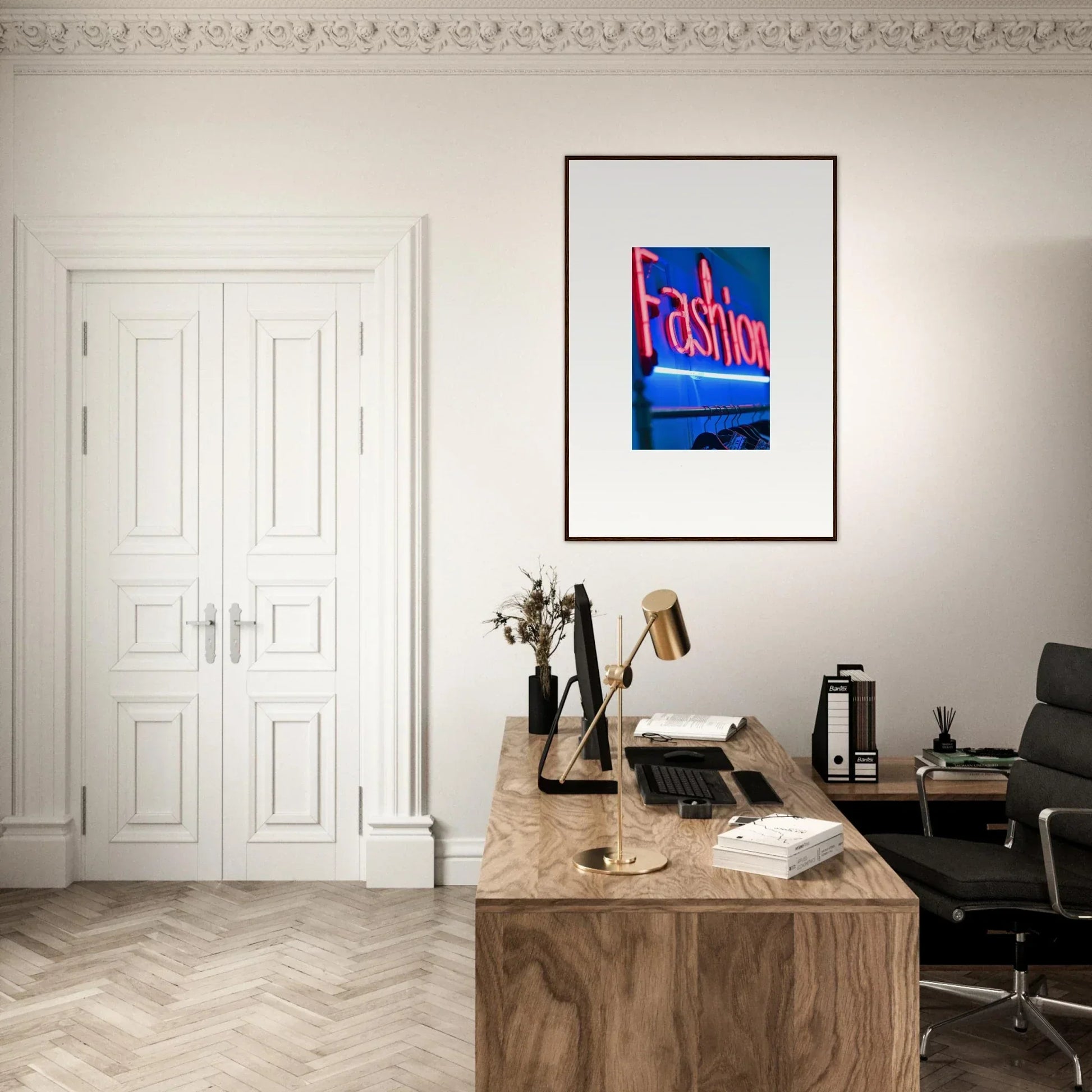 Wooden desk with a typewriter and books in a minimalist workspace for Velvet Signature room decor