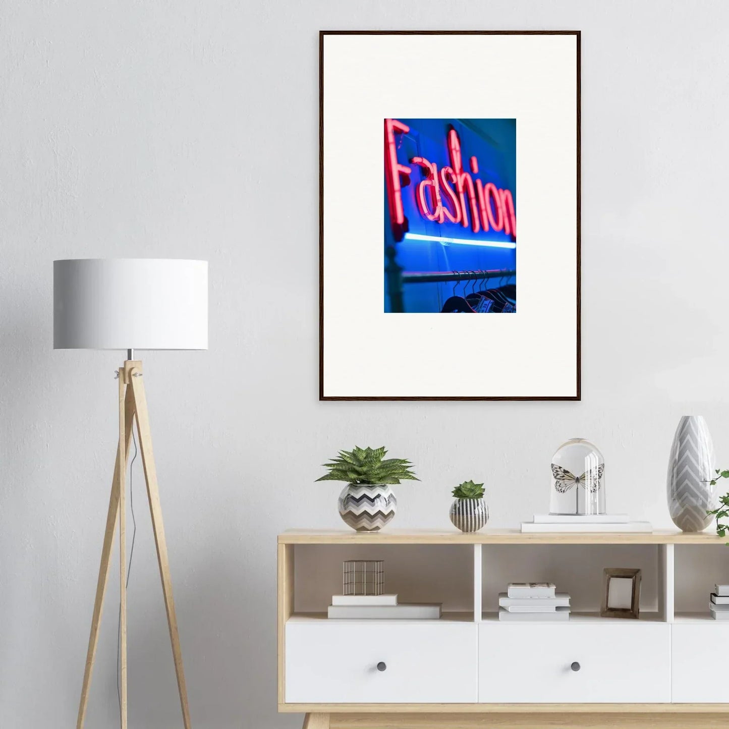 Framed wall art with neon Fashion sign on blue background for stylish room decor