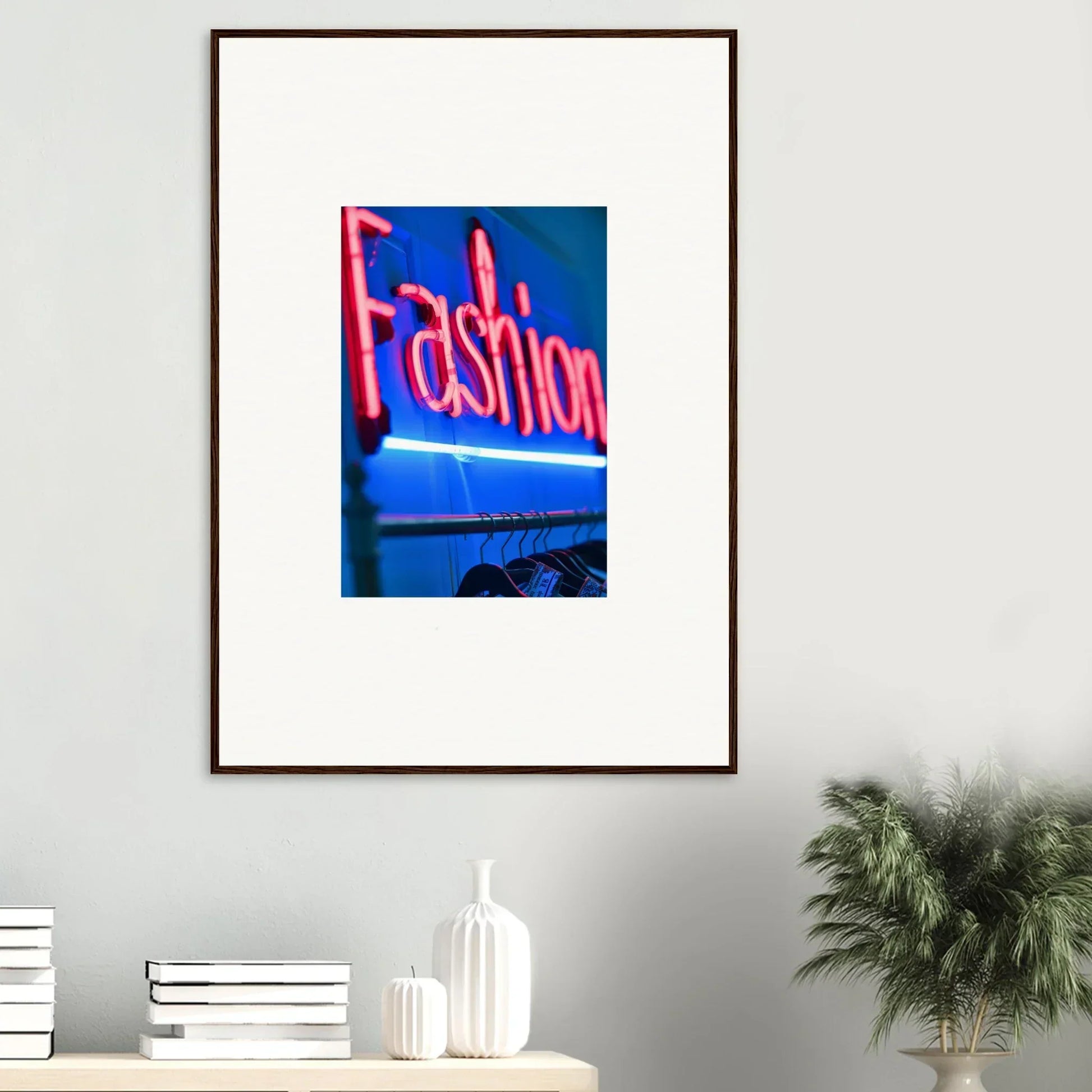 Framed wall art of a neon Fashion sign on blue for stylish room decor in Velvet Signature