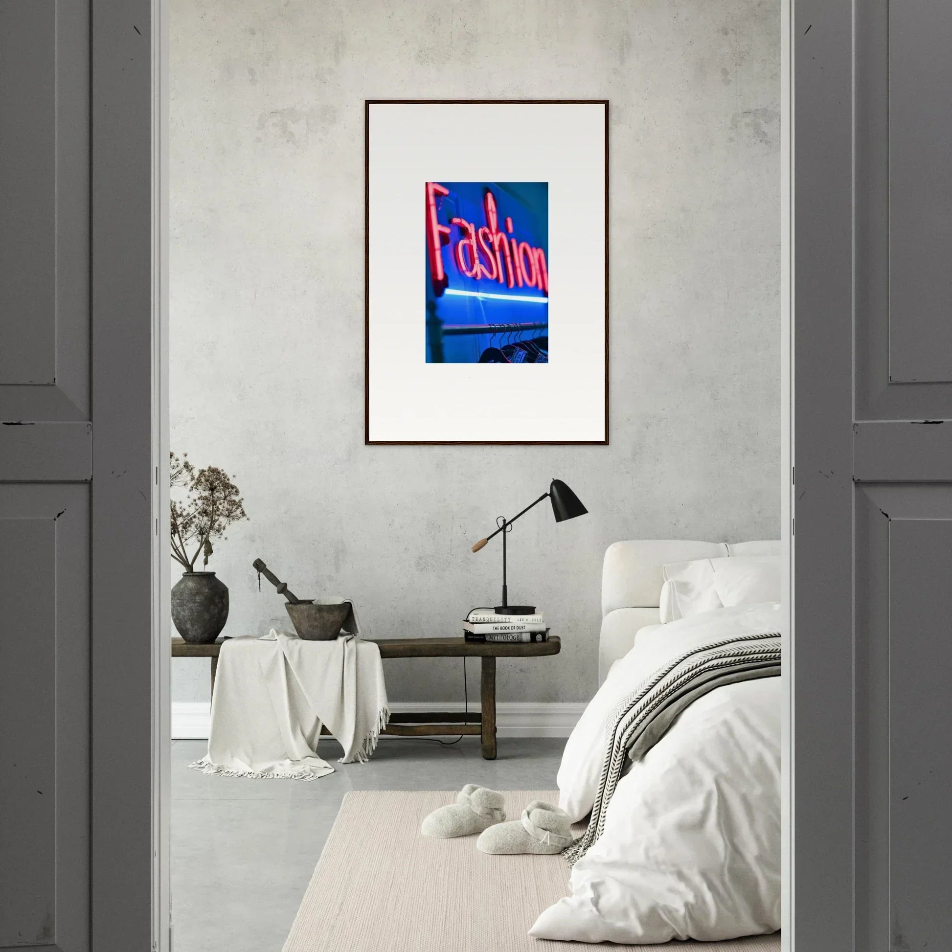 Framed wall art with bright blue and red text saying Fashion for stylish room decor