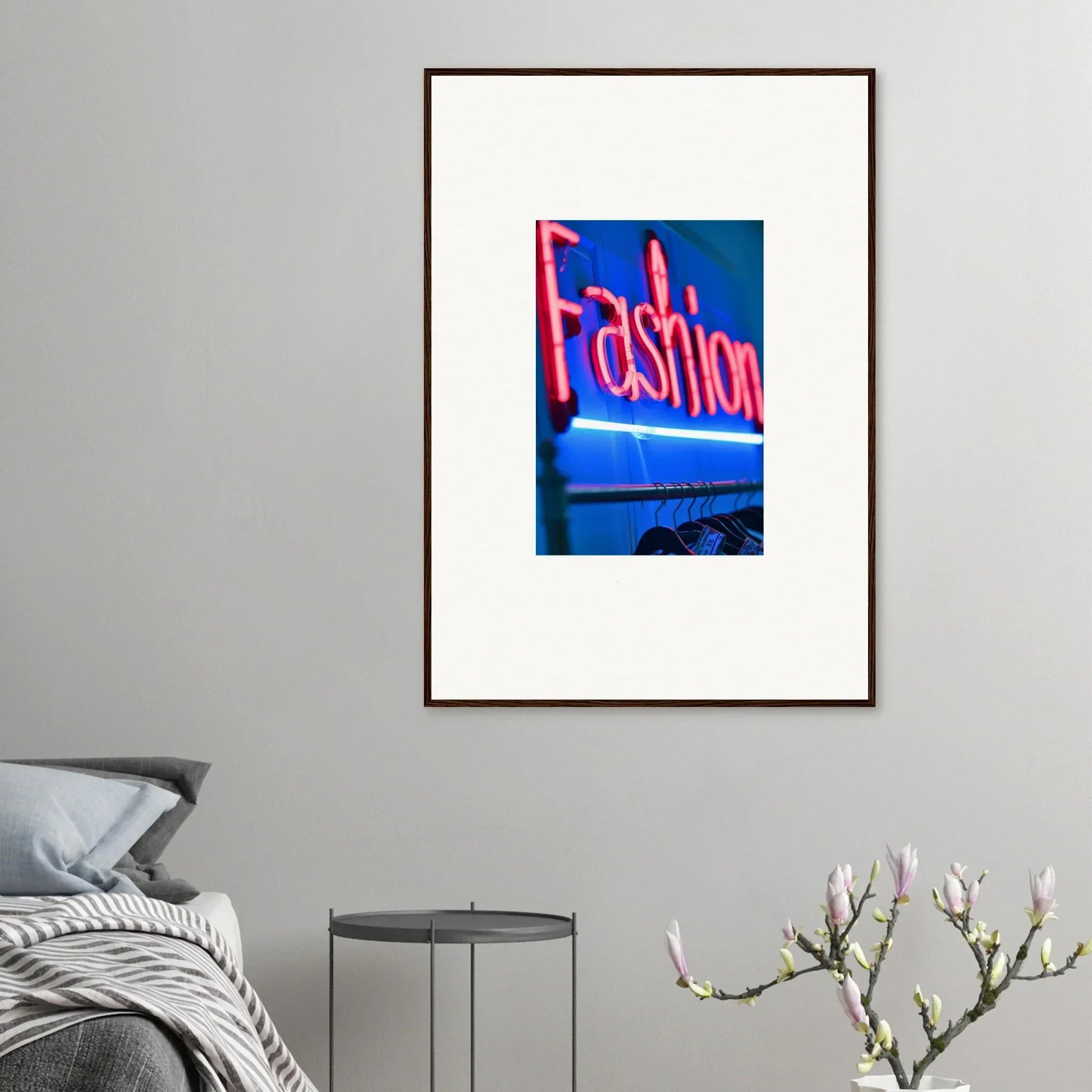 Framed wall art featuring a neon Fashion sign in pink for stylish room decor