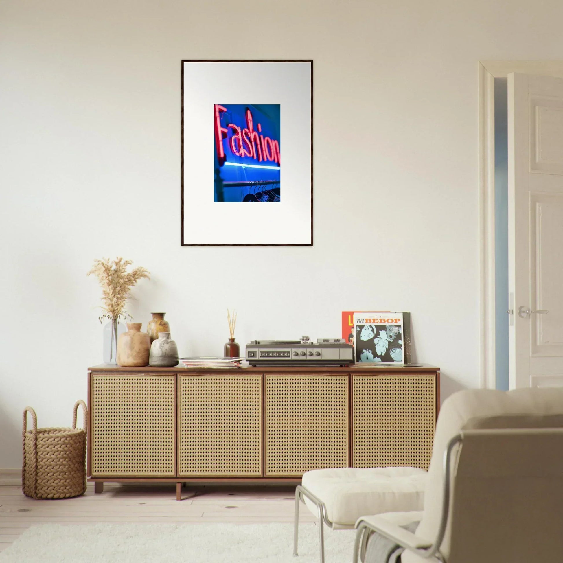 Wooden sideboard with cane-webbed doors, enhancing room decor with Velvet Signature style