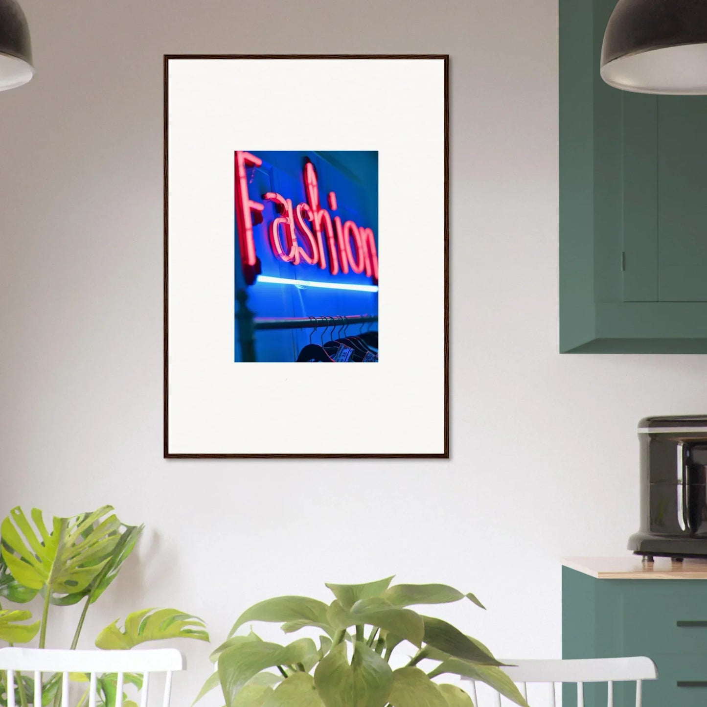 Framed wall art of a neon Fashion sign on blue, perfect for stylish room decor