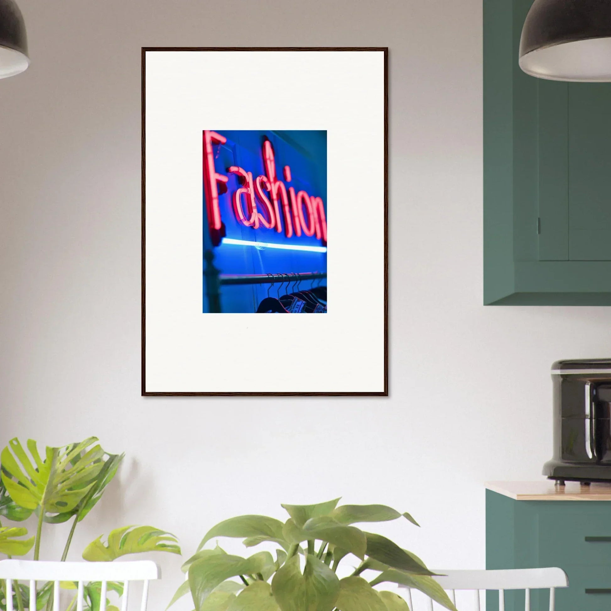 Framed wall art of a neon Fashion sign on blue, perfect for stylish room decor