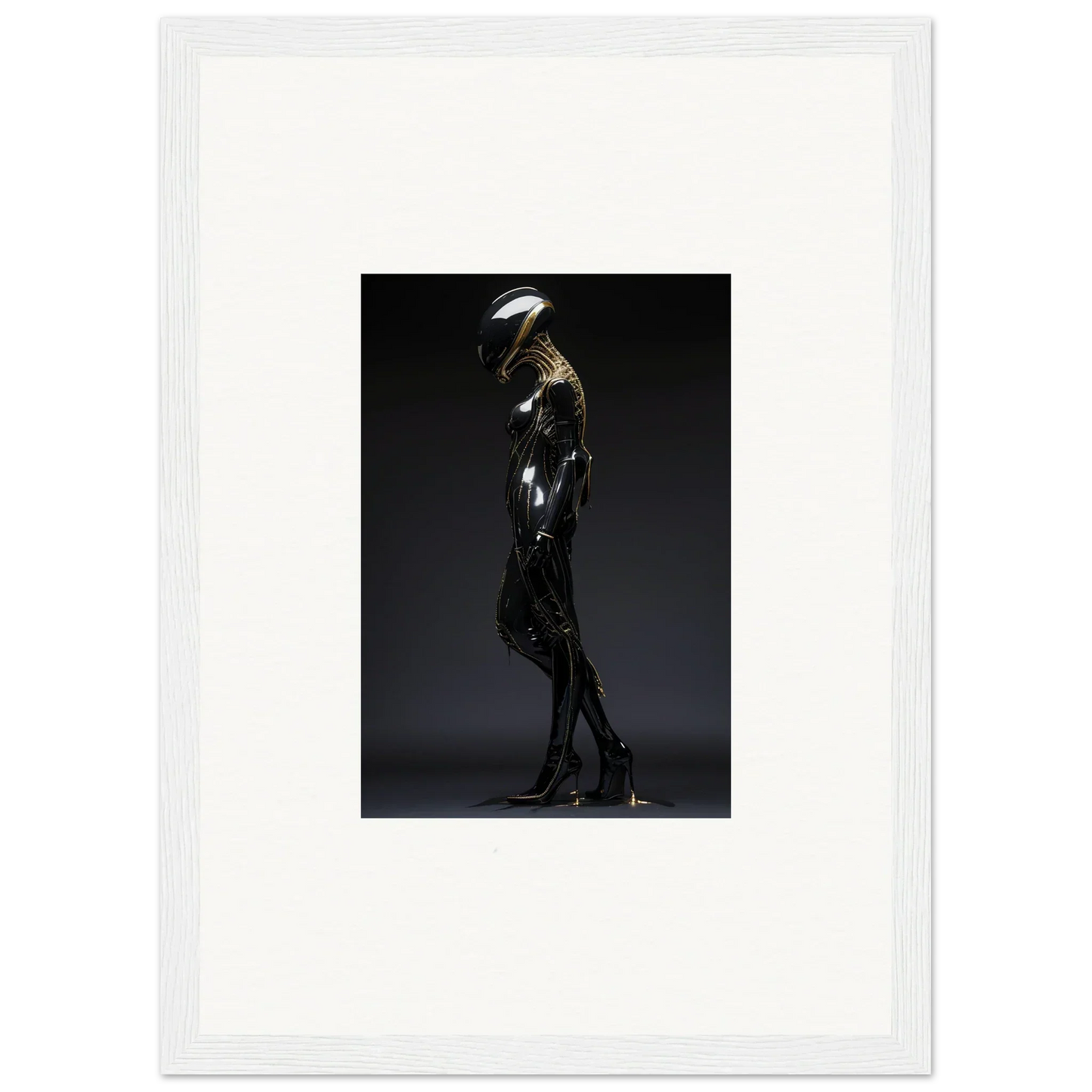 Sleek metallic humanoid figure in dramatic pose, ideal for Galactic Serendipity room decor