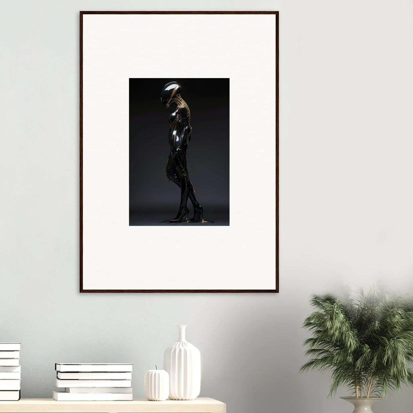 Framed wall art of a figure in dark clothing, perfect for Galactic Serendipity room decor