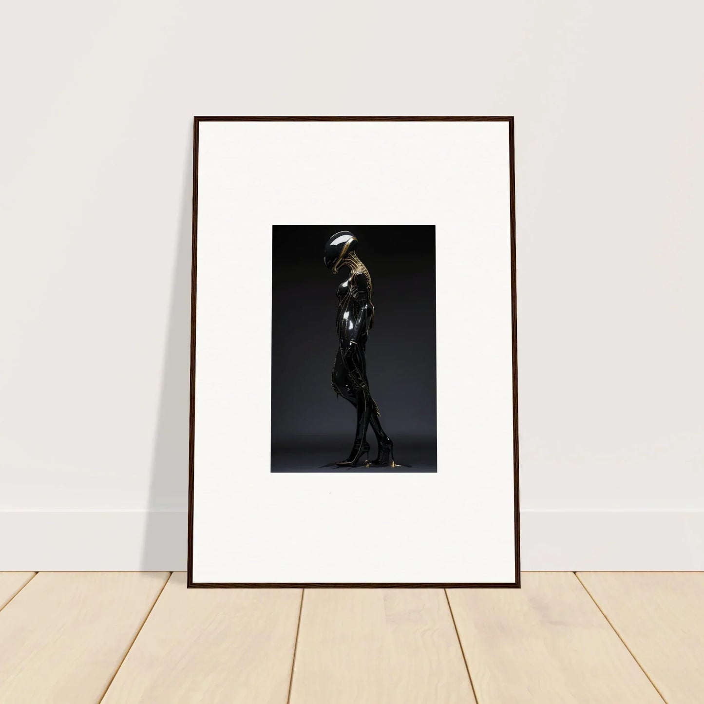 Framed wall art of a person in dark outfit with umbrella for galactic serendipity room decor