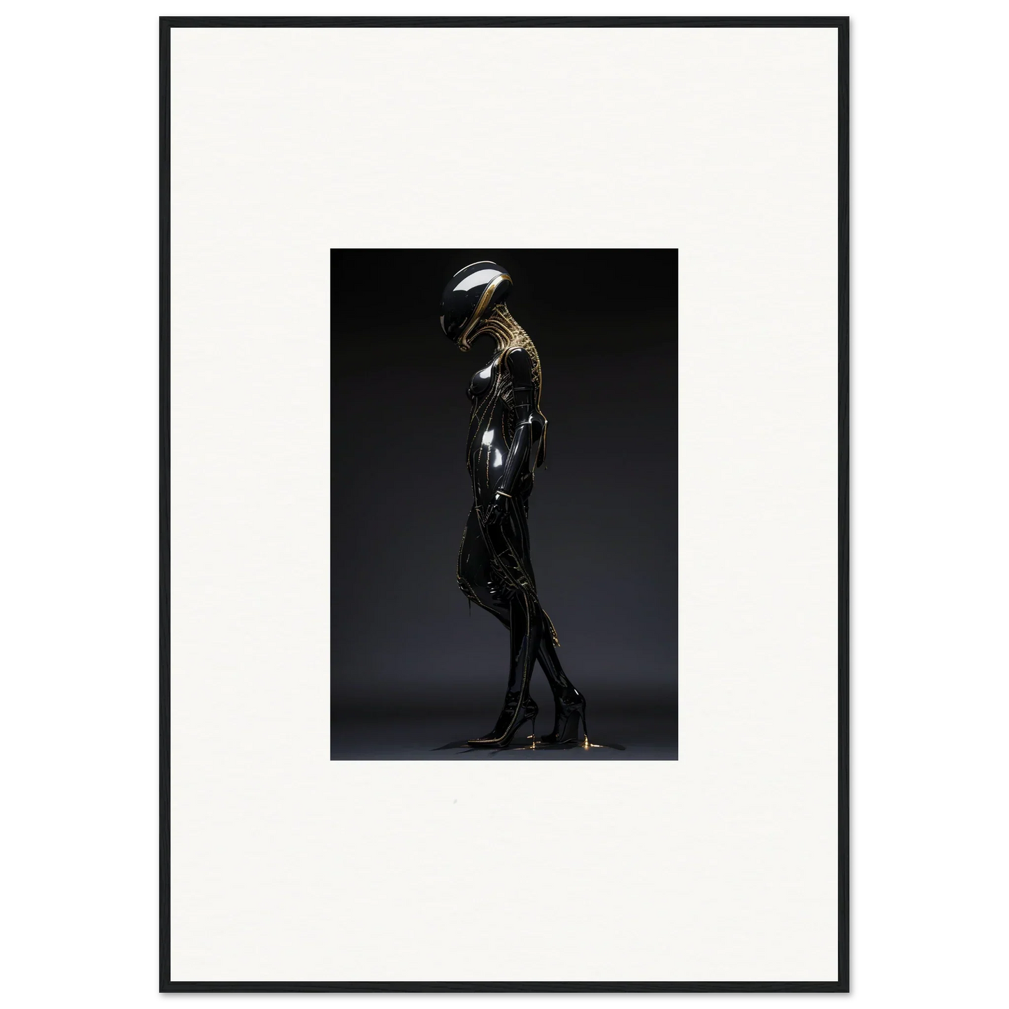 Sleek black humanoid sculpture in Chromeira Galactic Serendipity room decor
