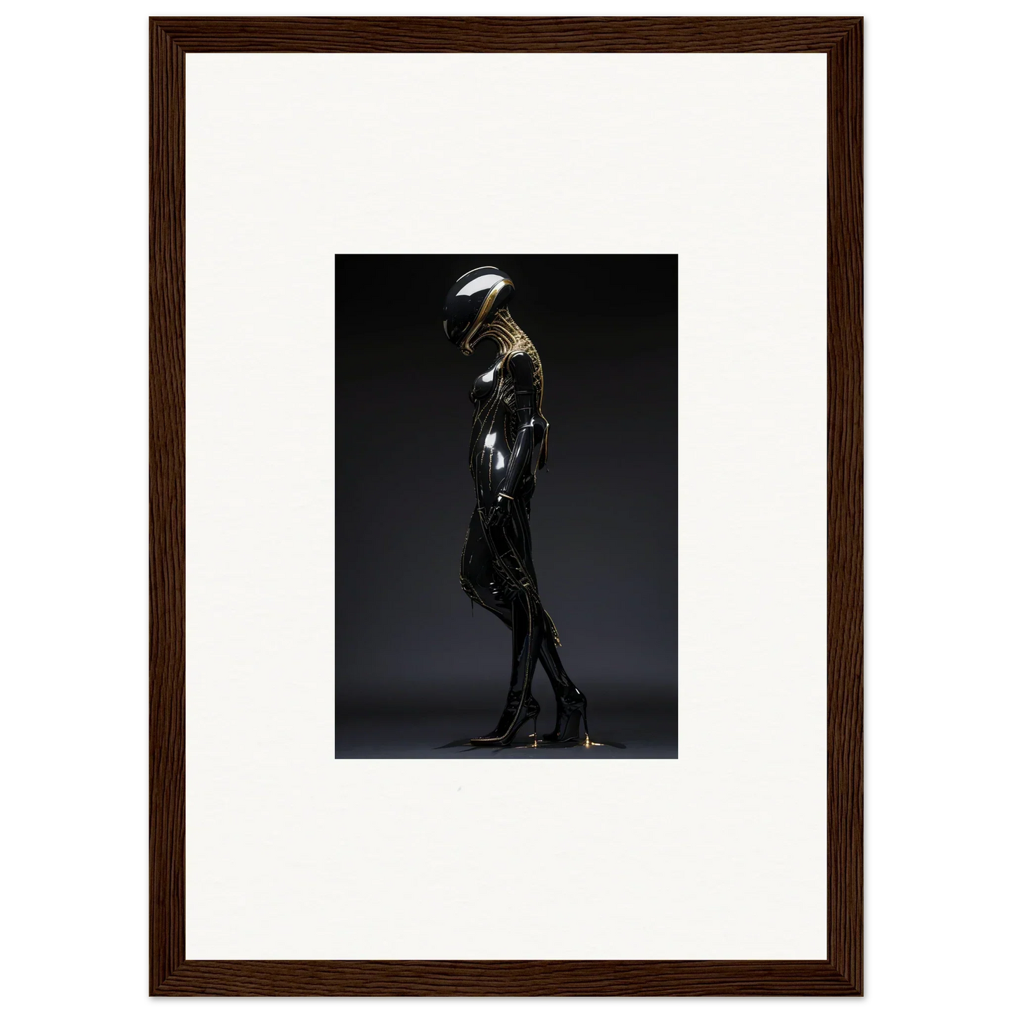 Sleek black humanoid sculpture for galactic serendipity room decor and framed wall art