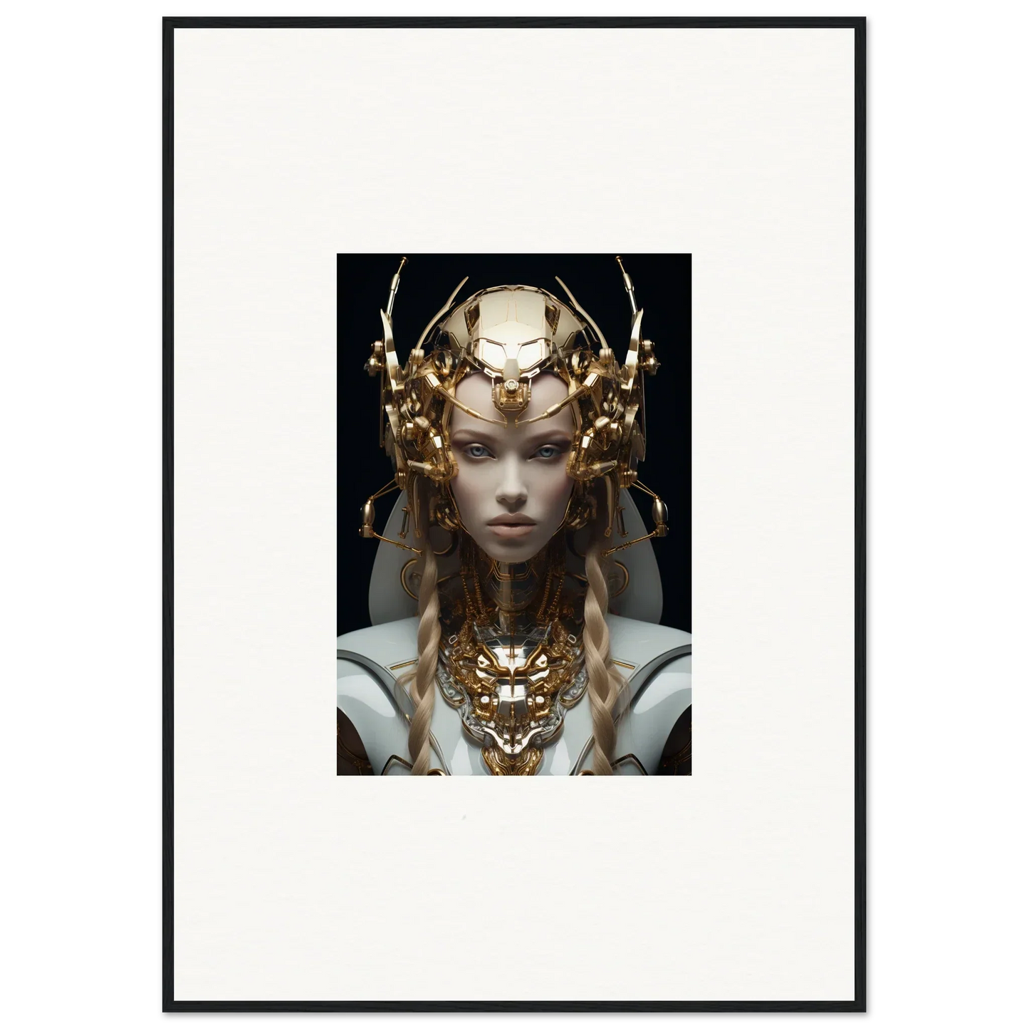 Framed wall art of a figure in an ornate golden headdress for Virtual Echo room decor