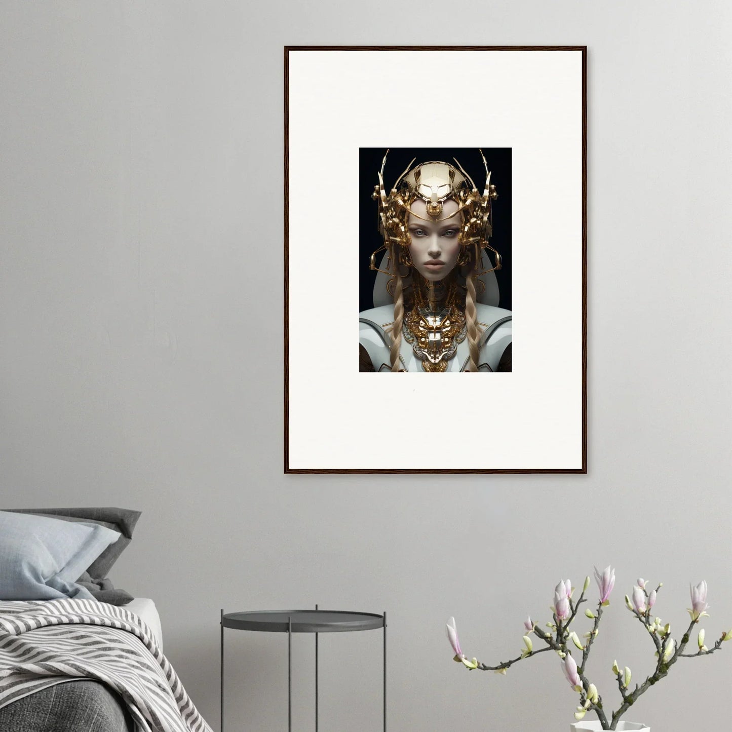 Framed wall art of a figure in golden headdress for virtual echo room decor