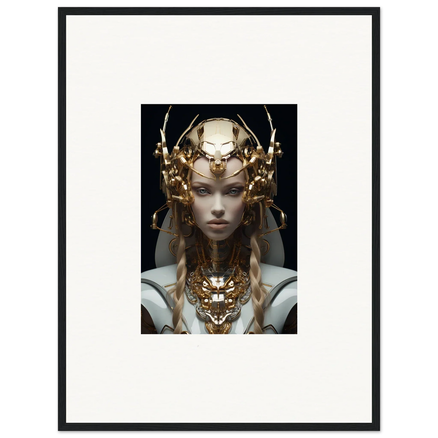 Framed wall art of a figure in a golden headdress for unique virtual echo room decor