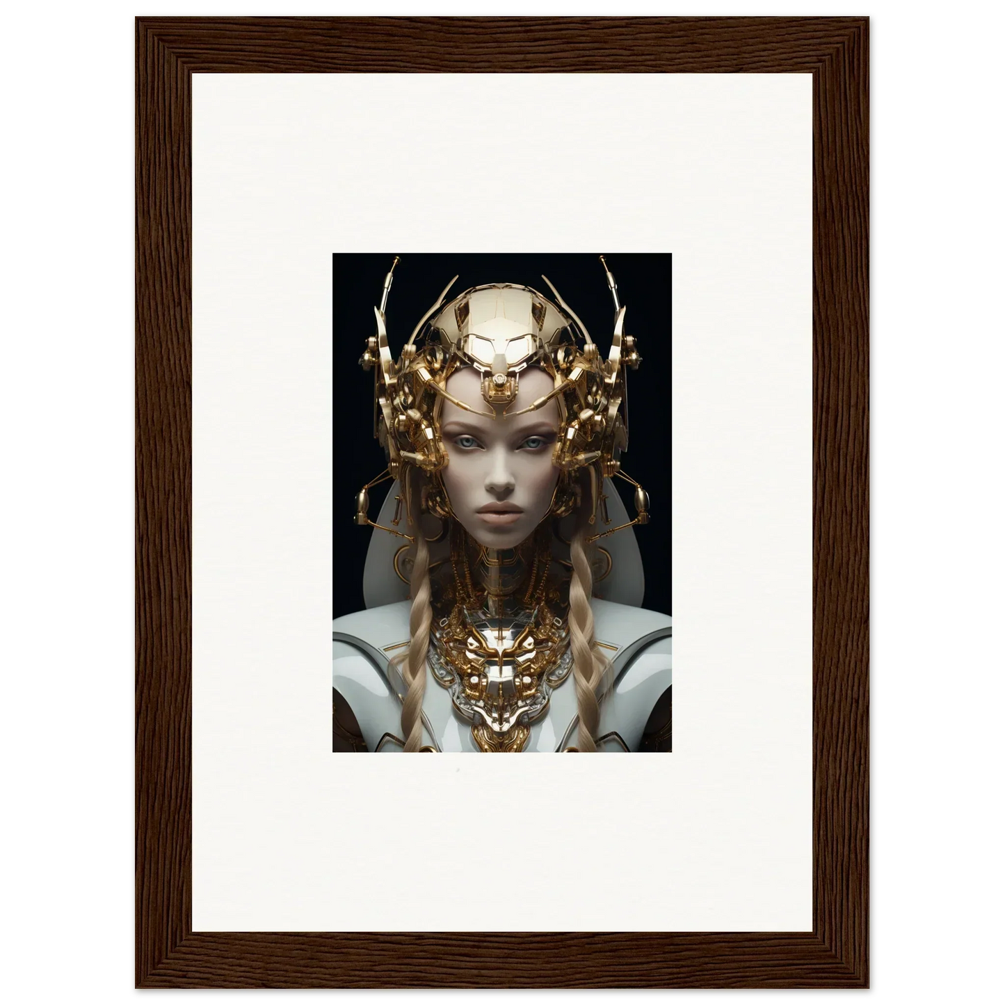 Framed wall art of a figure with golden headdress for virtual echo room decor