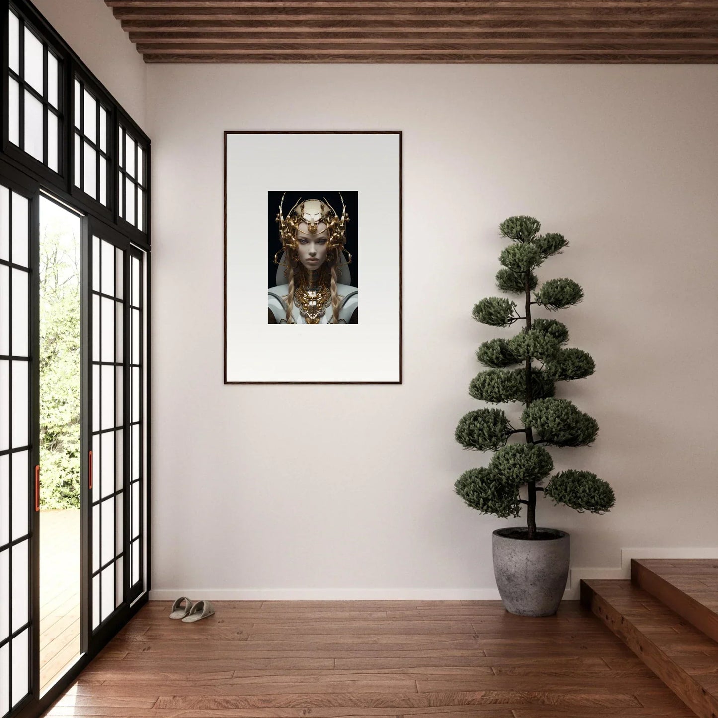 Framed wall art of a person in golden jewelry, featuring Virtual Echo room decor