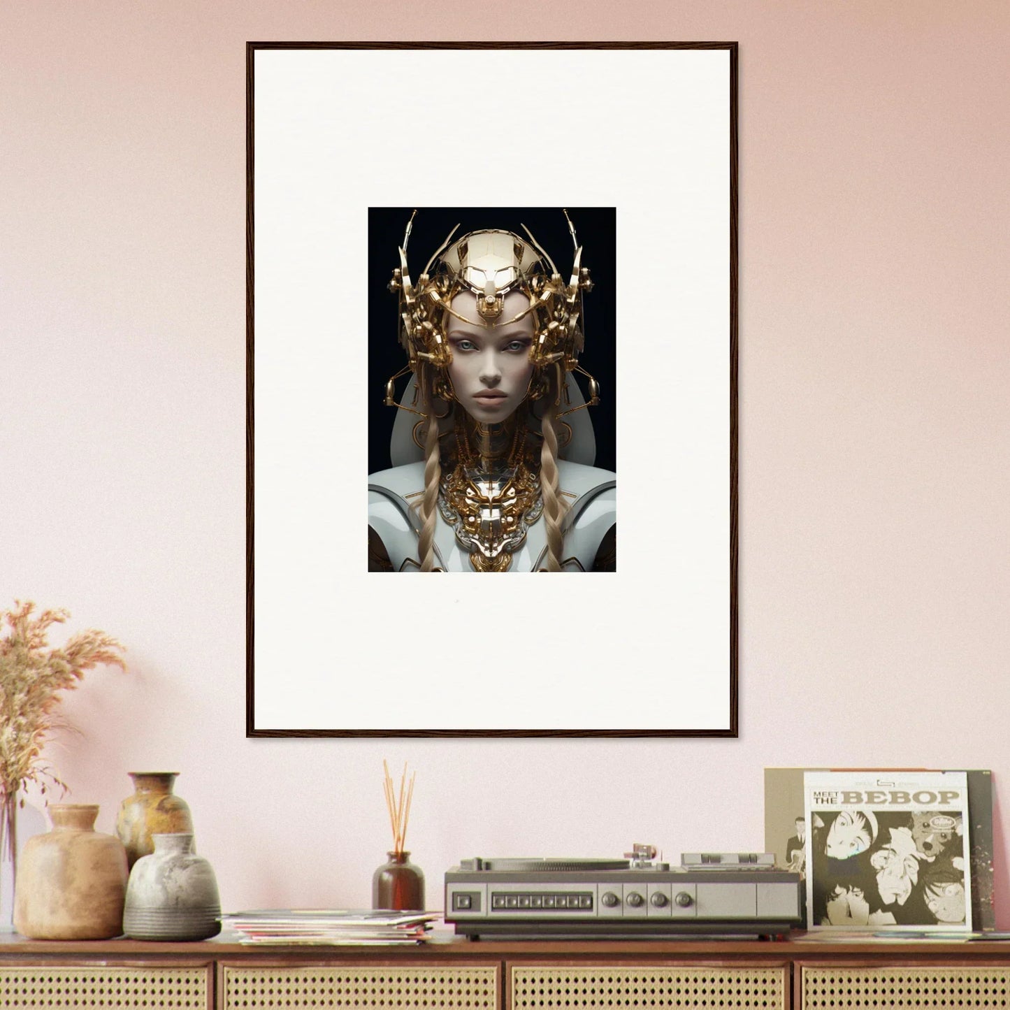 Framed wall art of a figure in ornate golden headdress for virtual echo room decor