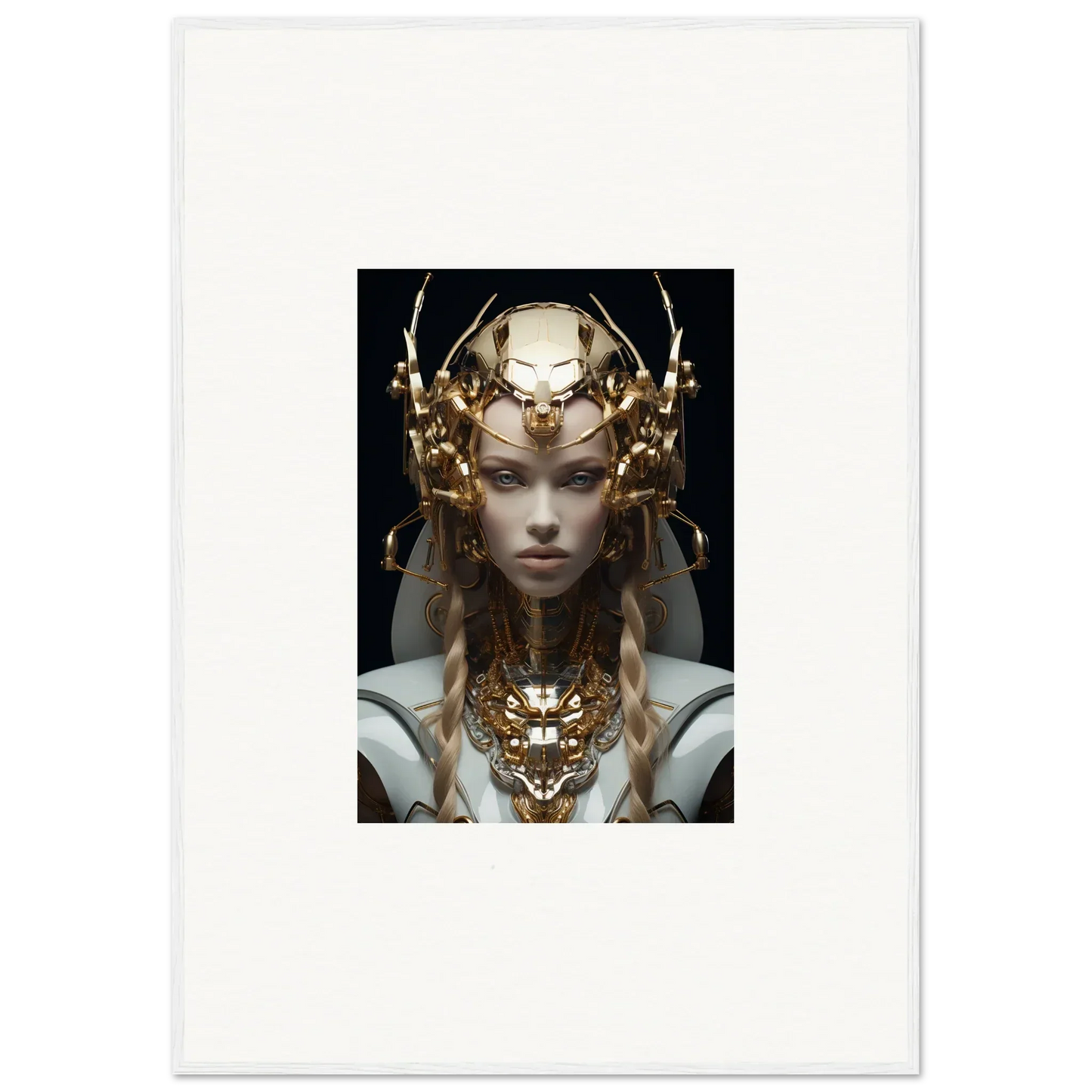Ornate golden headdress and necklace on a pale figure in Virtual Echo wall art