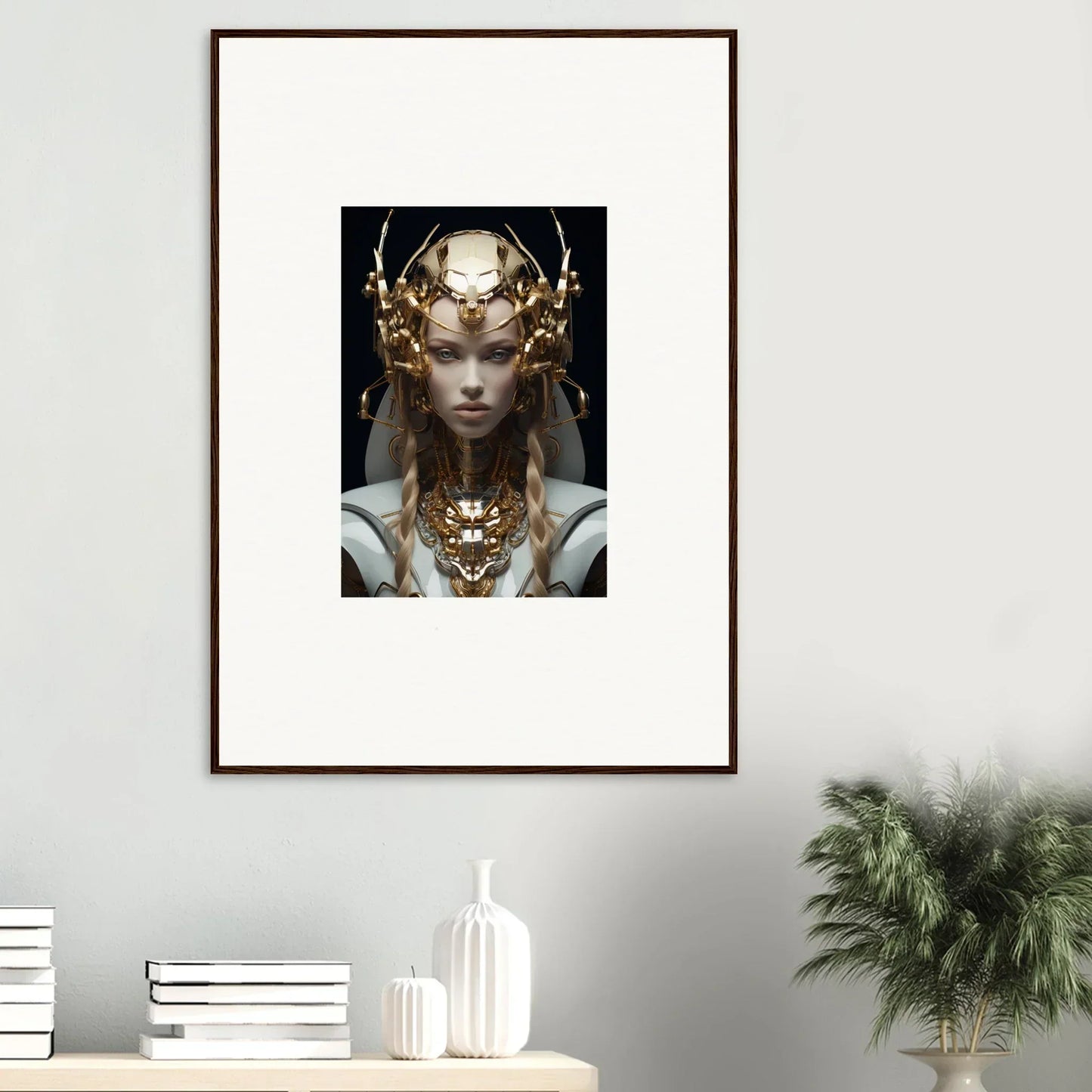 Framed wall art of figure in ornate headdress for stylish room decor - Virtual Echo
