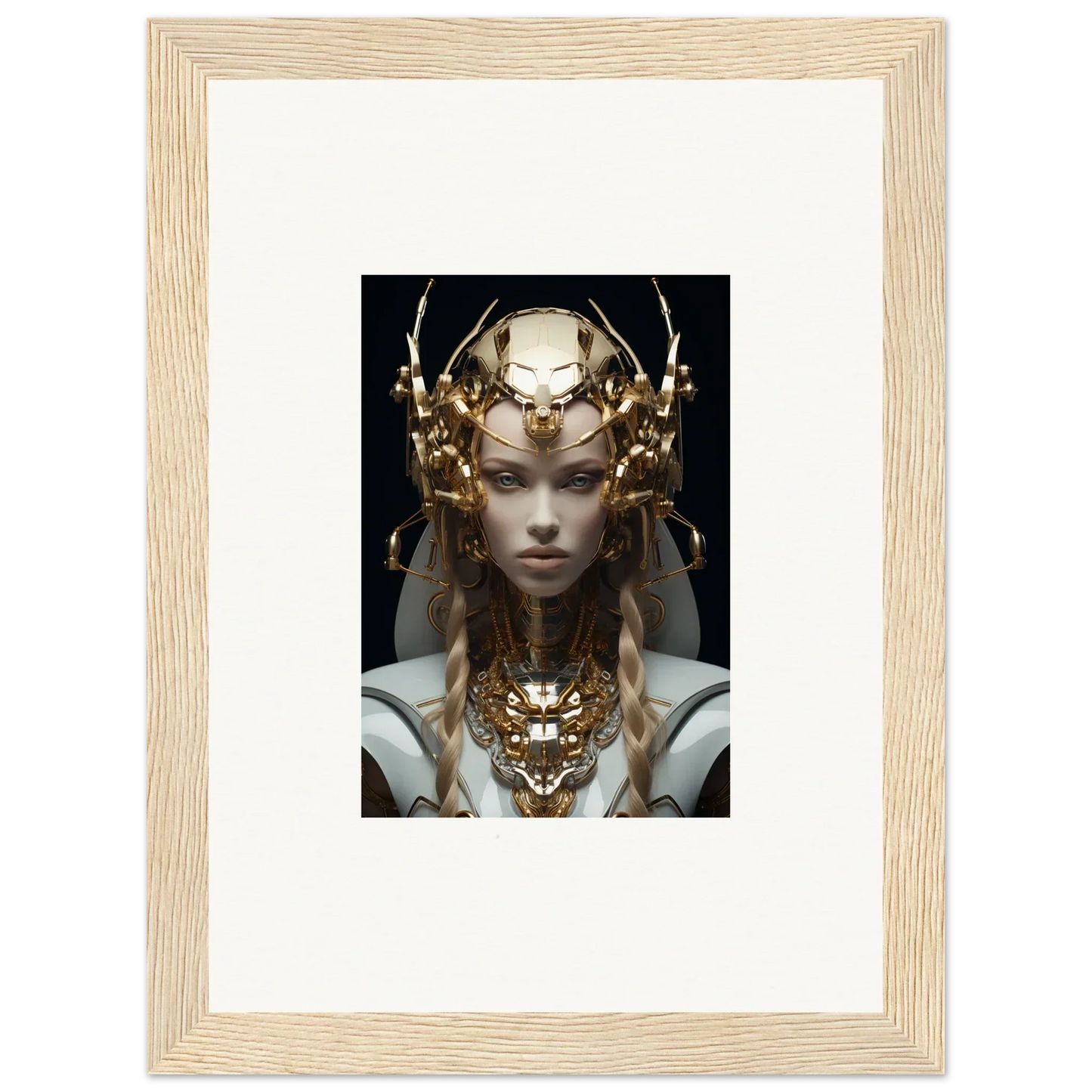 Framed wall art of a figure in elaborate golden headdress for virtual echo room decor