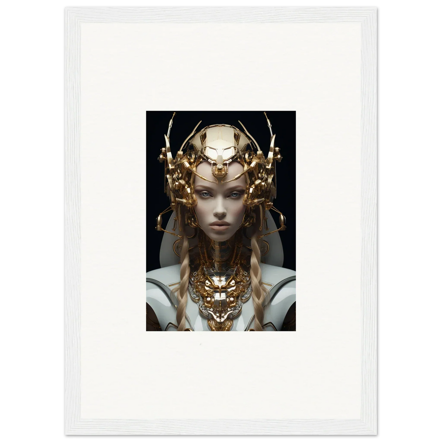 Framed wall art of a figure in a golden headdress for virtual echo room decor