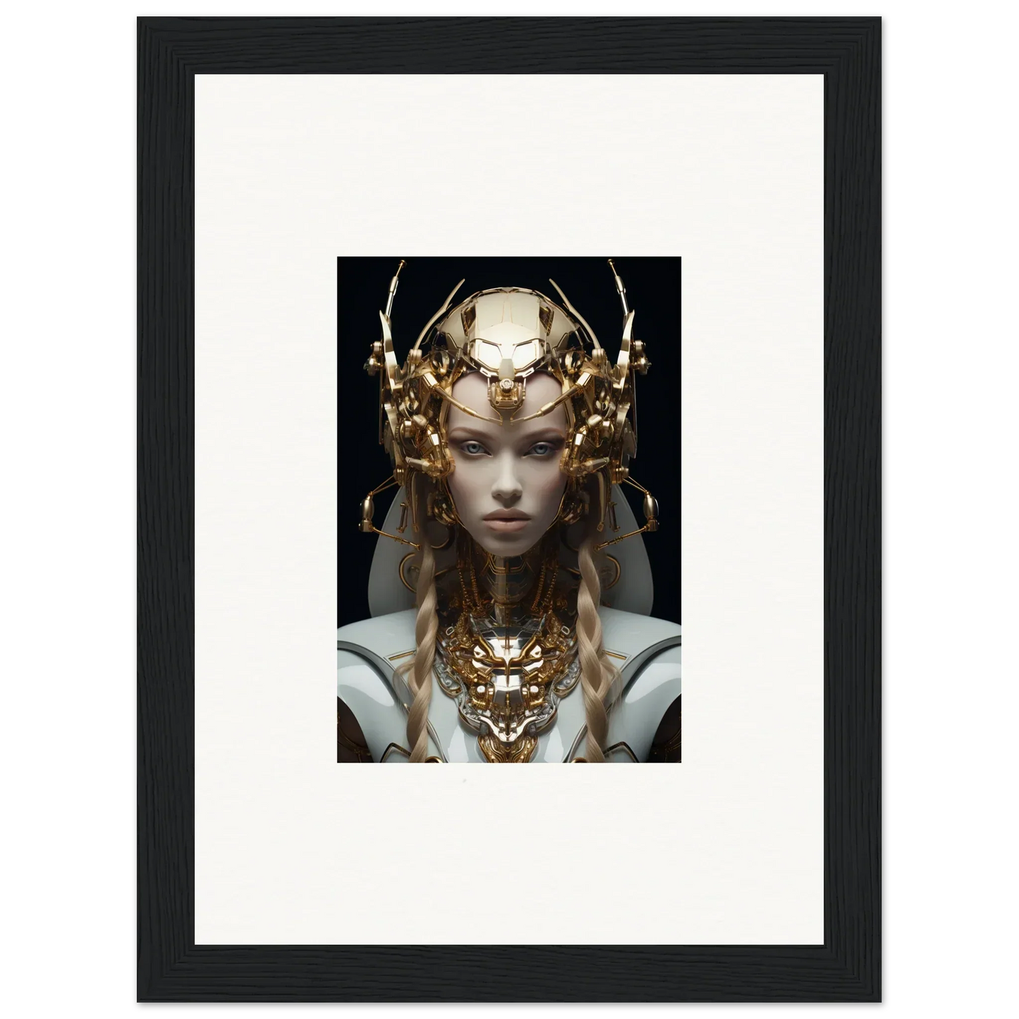 Framed wall art of a figure in golden headdress for Virtual Echo room decor