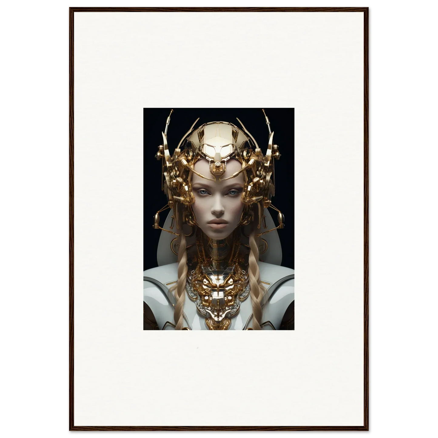 Framed wall art featuring a figure in a golden headdress for virtual echo room decor