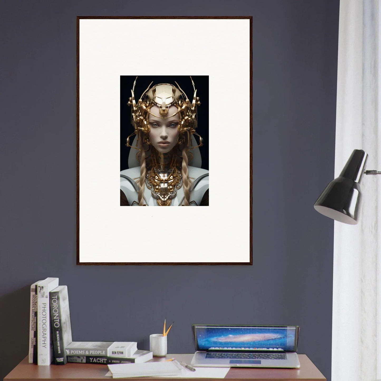 Framed wall art of a figure in a golden headdress for virtual echo room decor