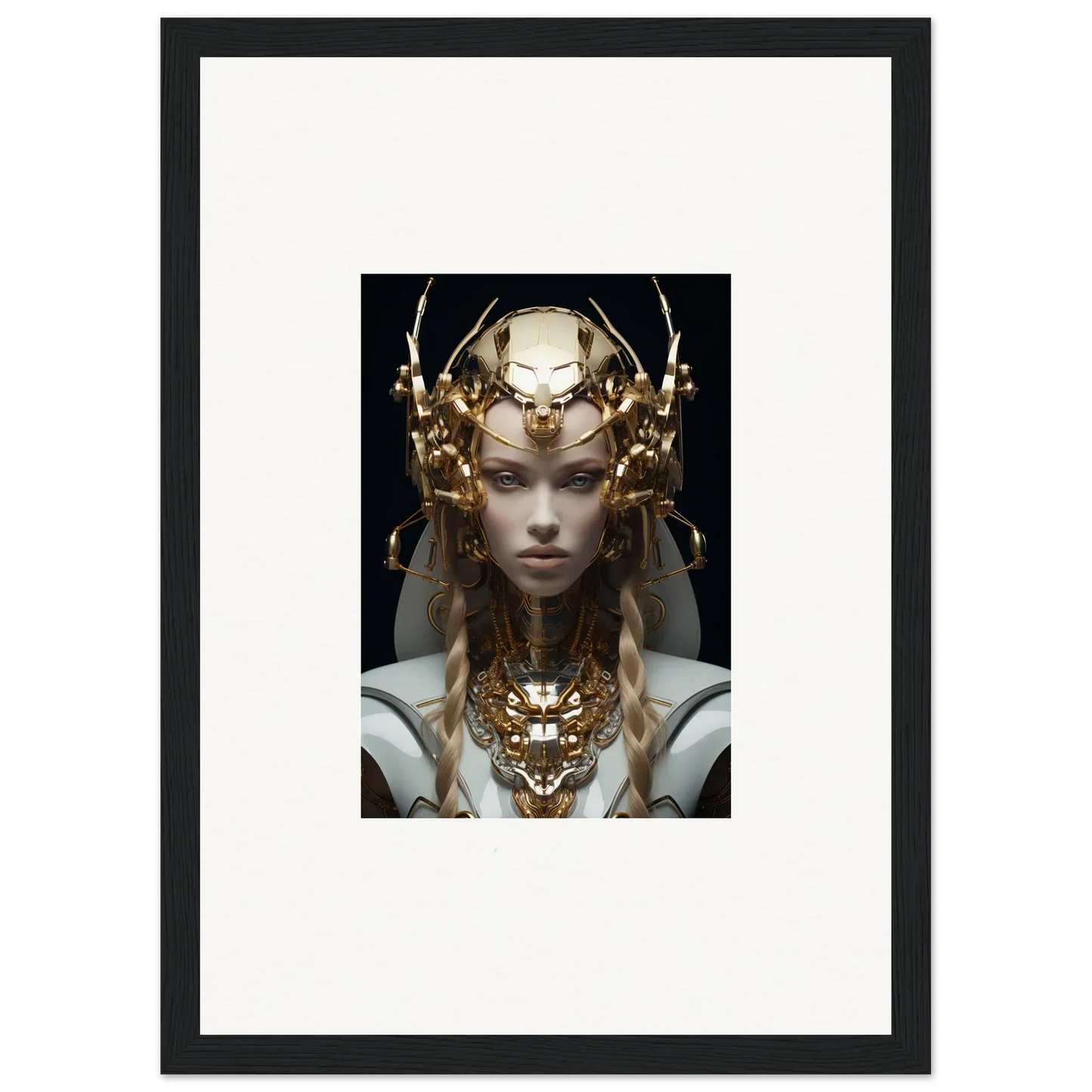 Framed wall art featuring a figure with a golden headdress for virtual echo room decor