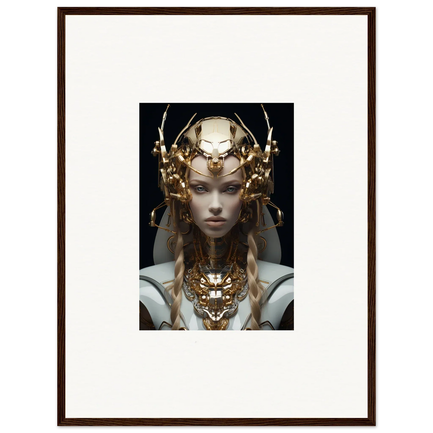 Framed wall art of a figure in an ornate golden headdress for Virtual Echo room decor