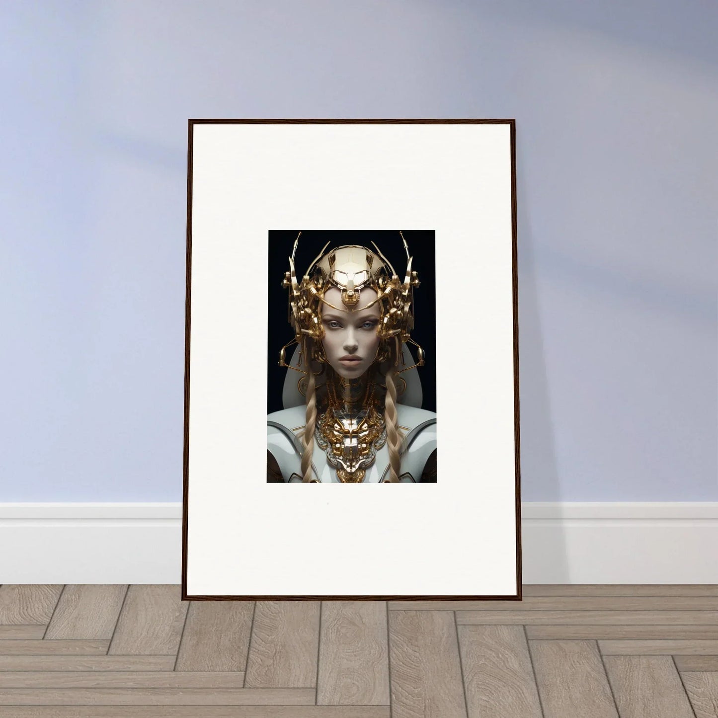 Framed wall art of a regal figure with golden headdress perfect for virtual echo room decor