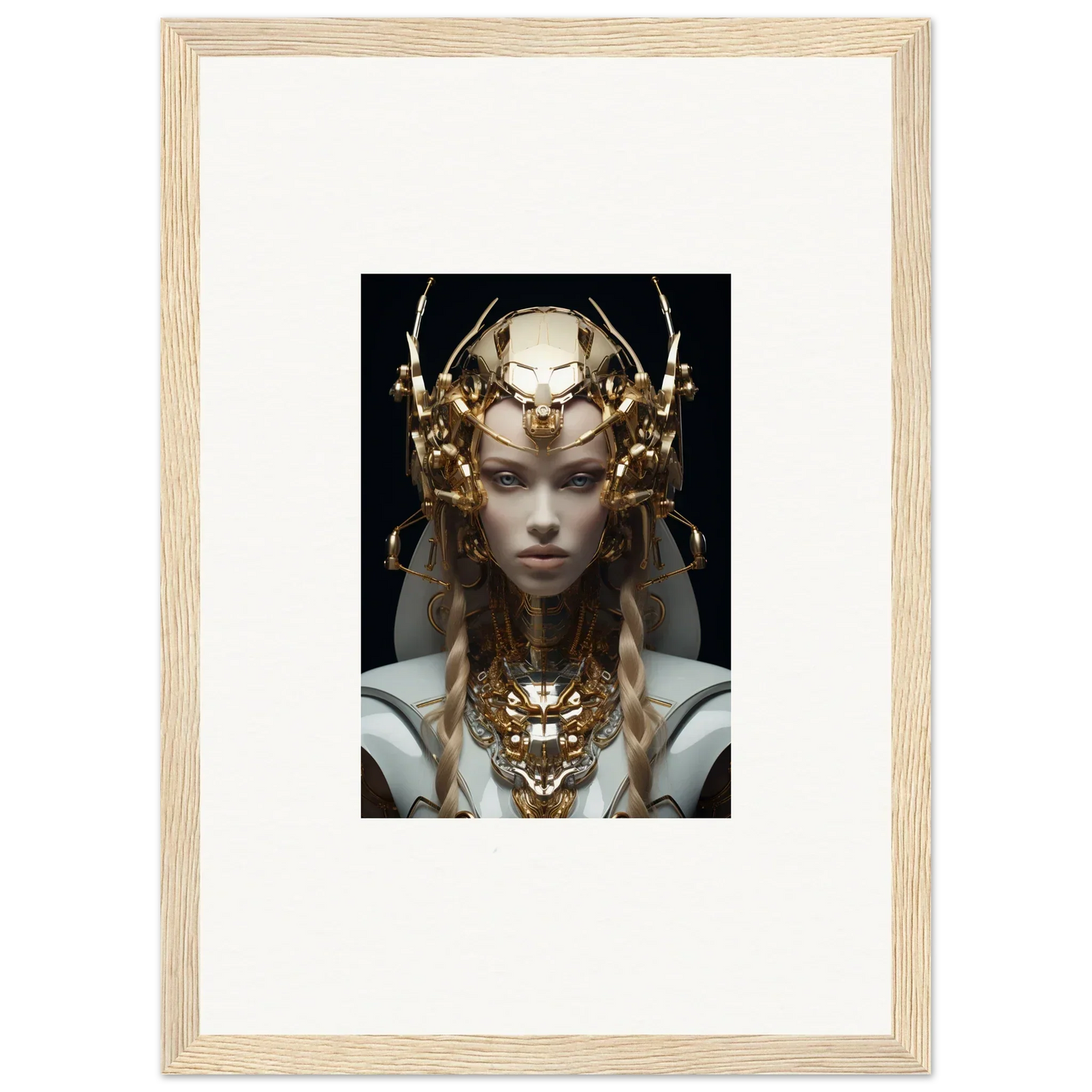 Framed wall art featuring a figure with a golden headdress for virtual echo room decor
