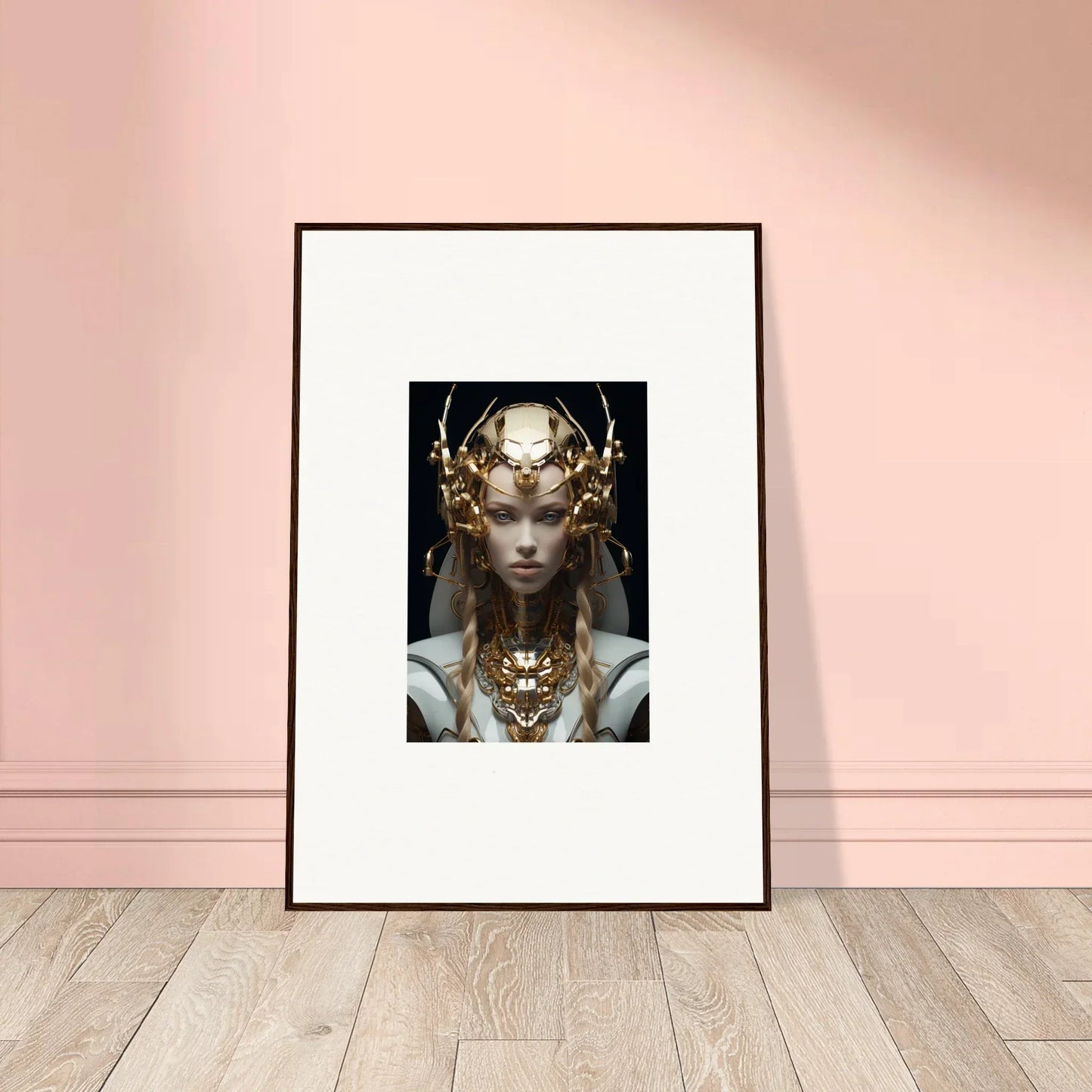 Framed wall art of a figure in ornate golden headdress for unique room decor