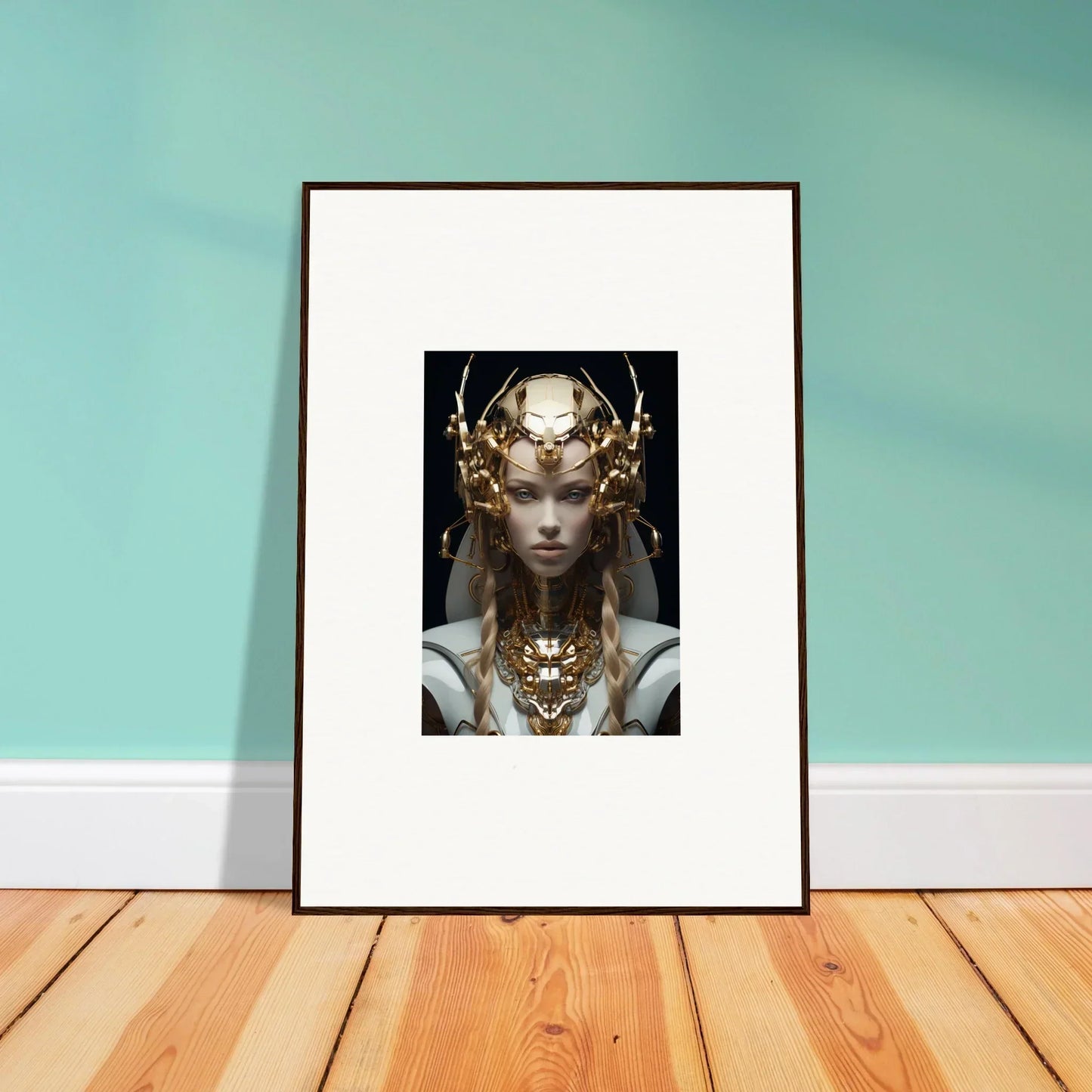 Framed wall art of a figure in a golden headdress, perfect for Virtual Echo room decor