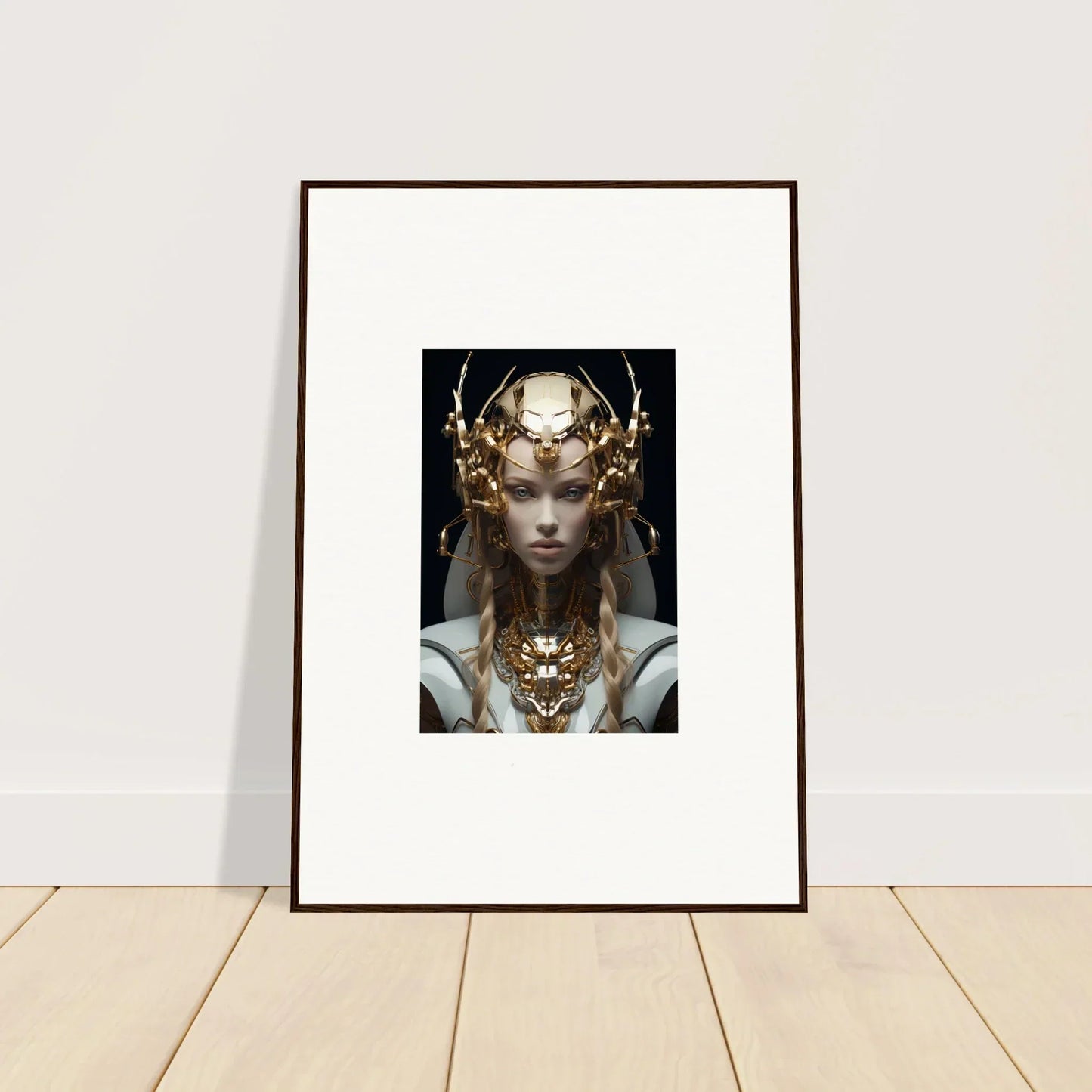 Framed wall art of a figure in ornate golden headdress for Virtual Echo room decor
