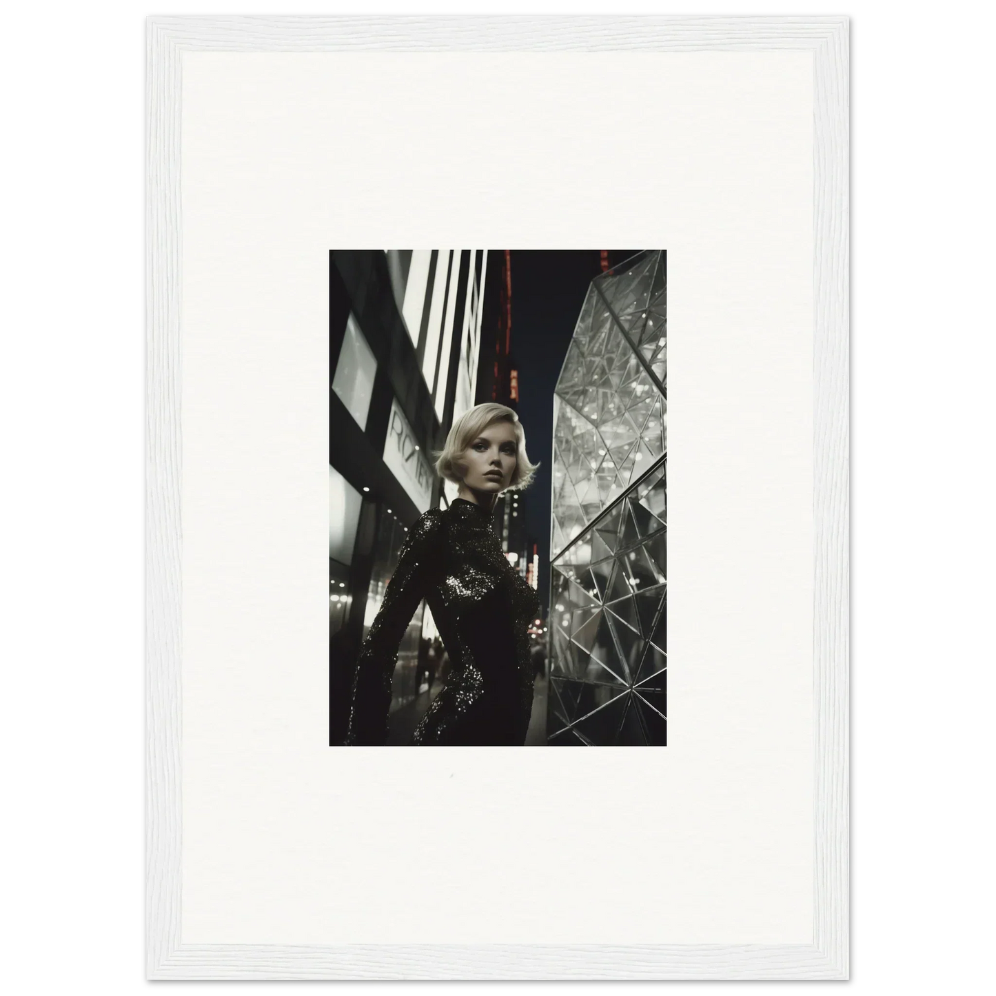 Framed wall art of a woman in a sequined outfit, perfect for modern room decor