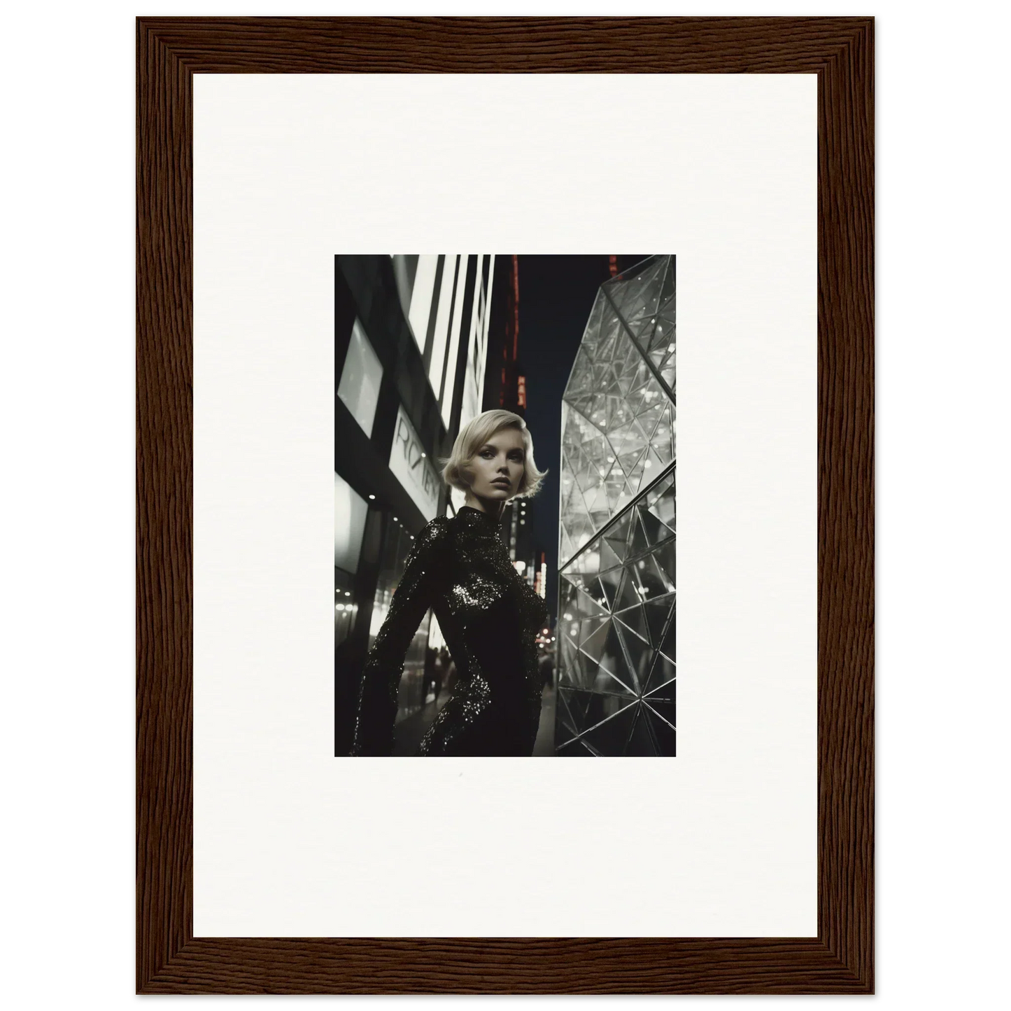 Framed black and white photograph of a woman in sequined outfit for unique room decor