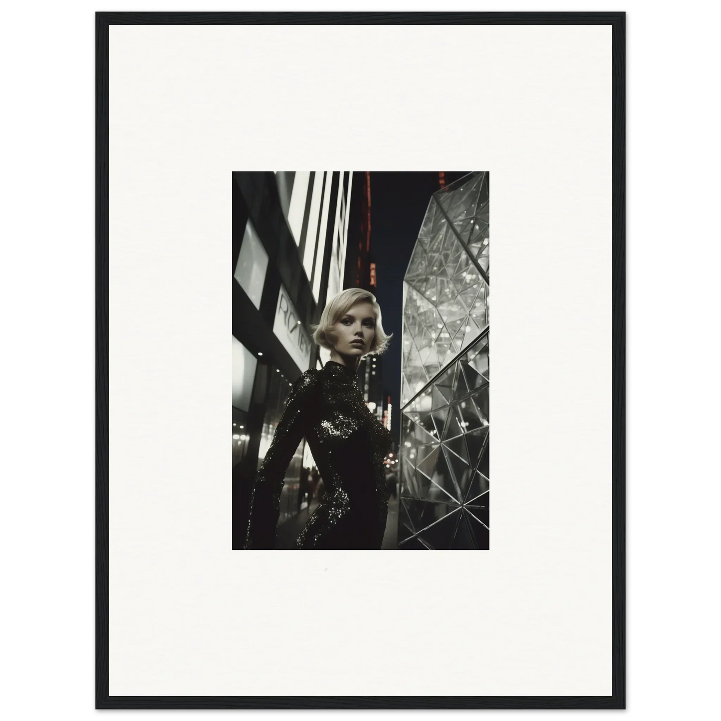 Black and white photograph of a woman in urban setting for framed wall art and room decor