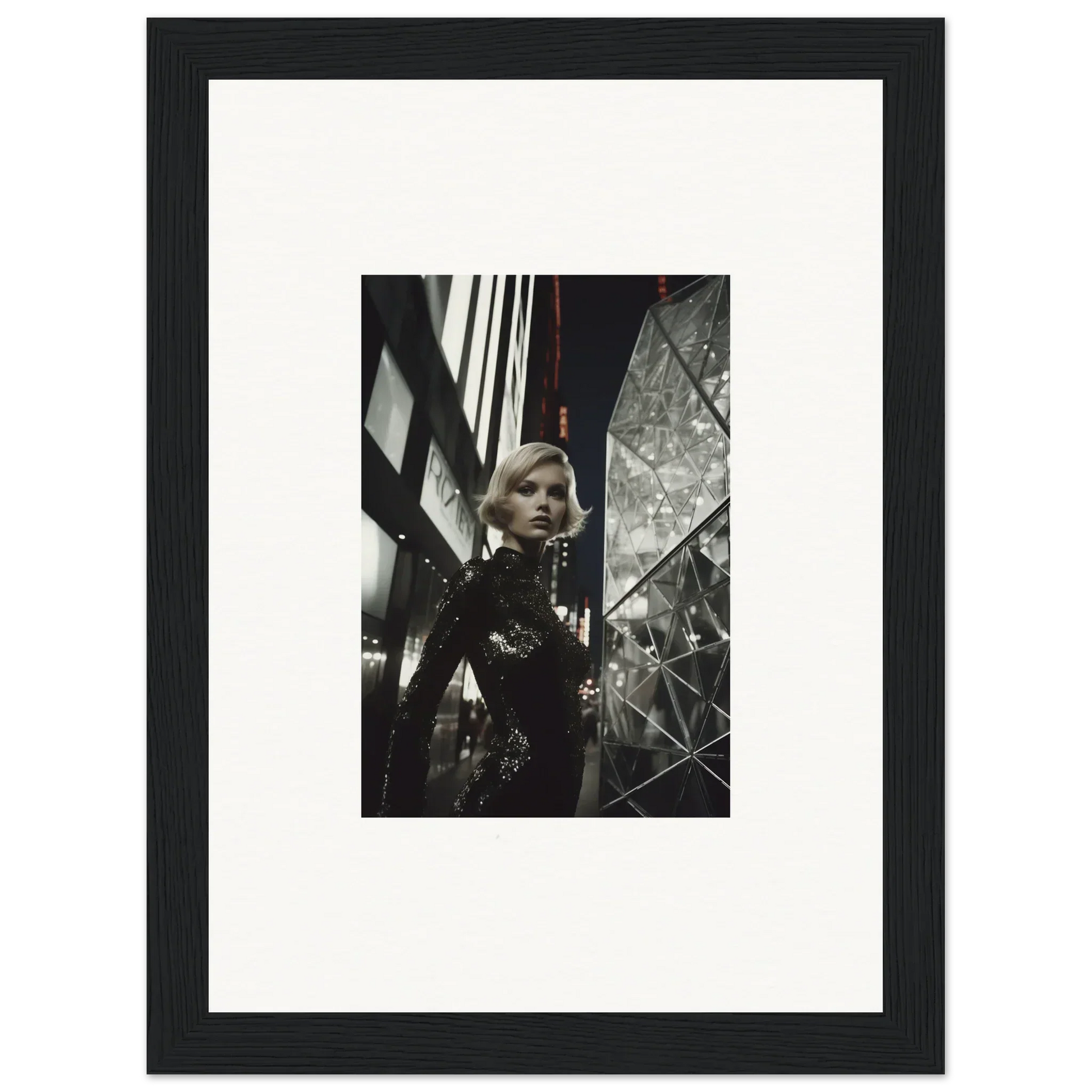 Framed black and white photograph of a woman in sequined outfit for stylish room decor