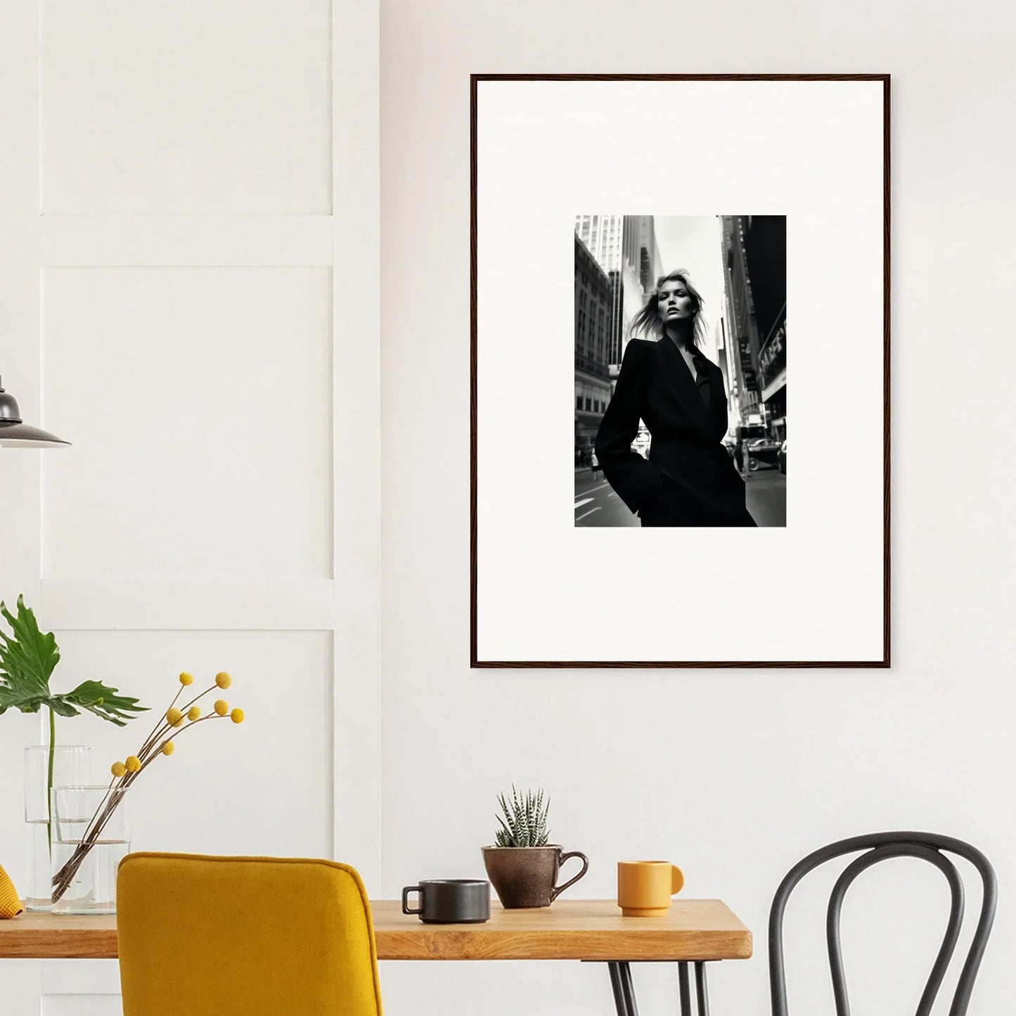 Framed black and white photograph depicting urban life, perfect for room decor and Noir Limits